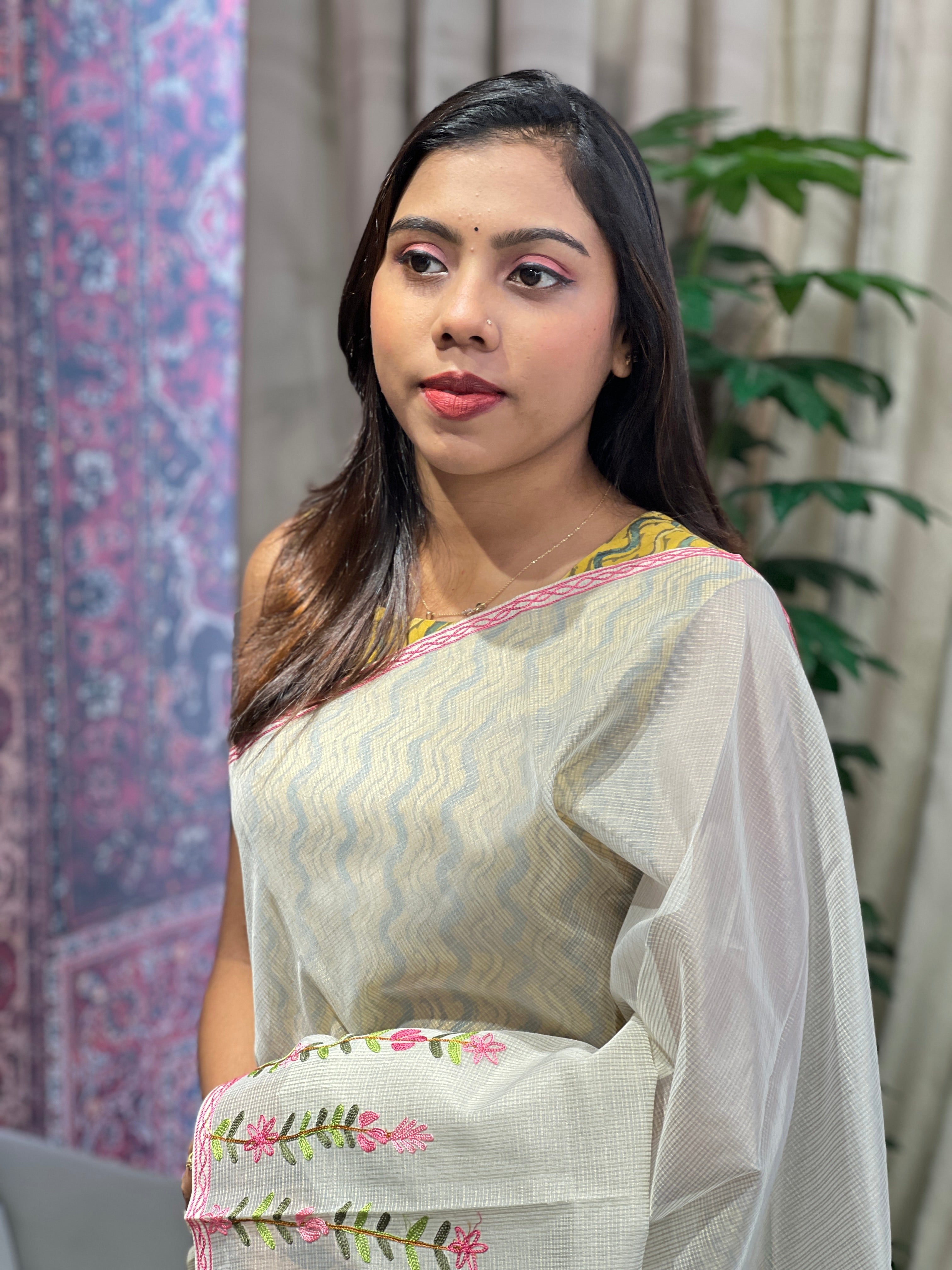 Embroidery Detailed Muga Check Organza Saree | JSC429