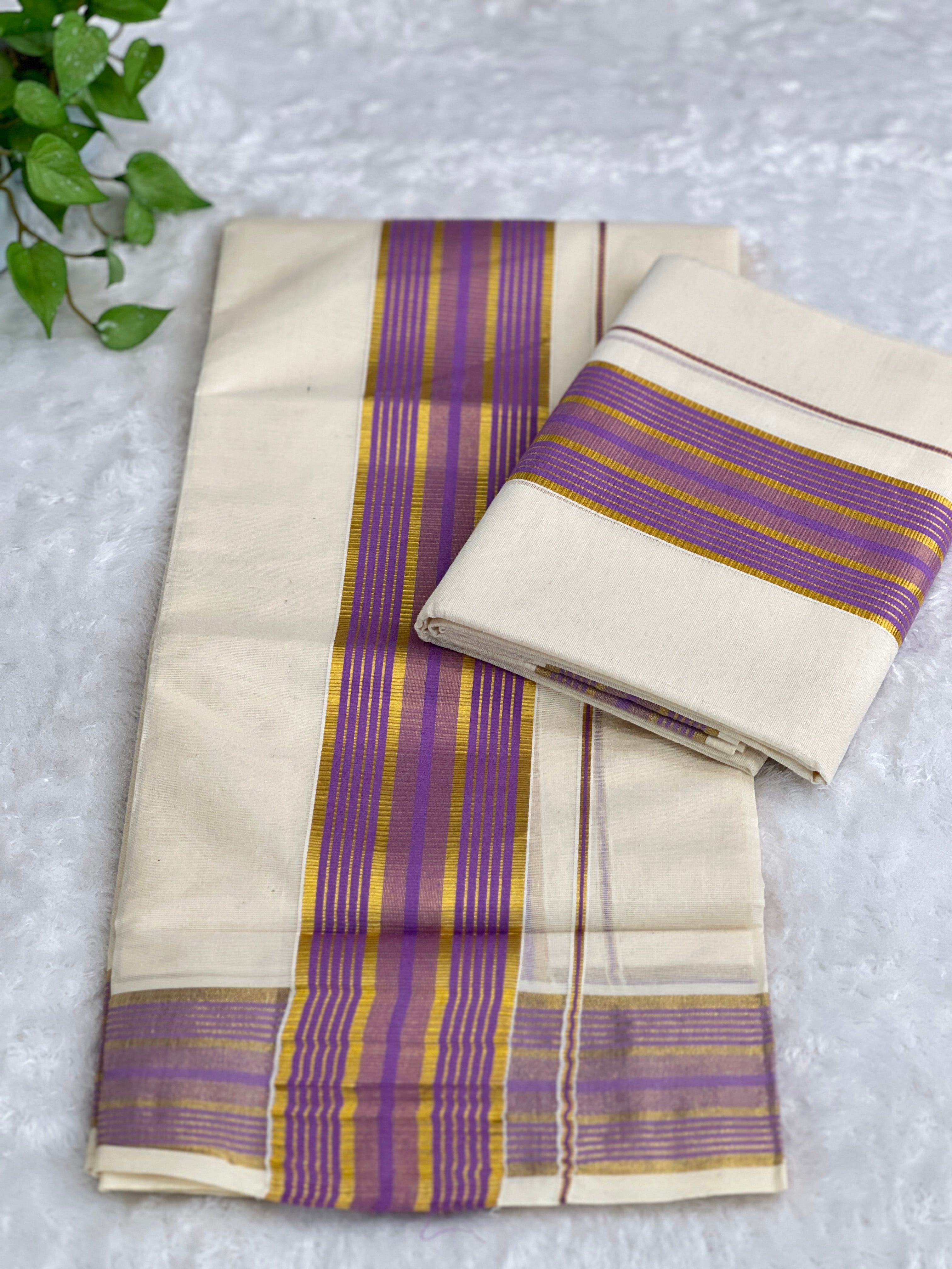 Stripe Border Pattern Kerala Cotton Set Mundu | GAT547