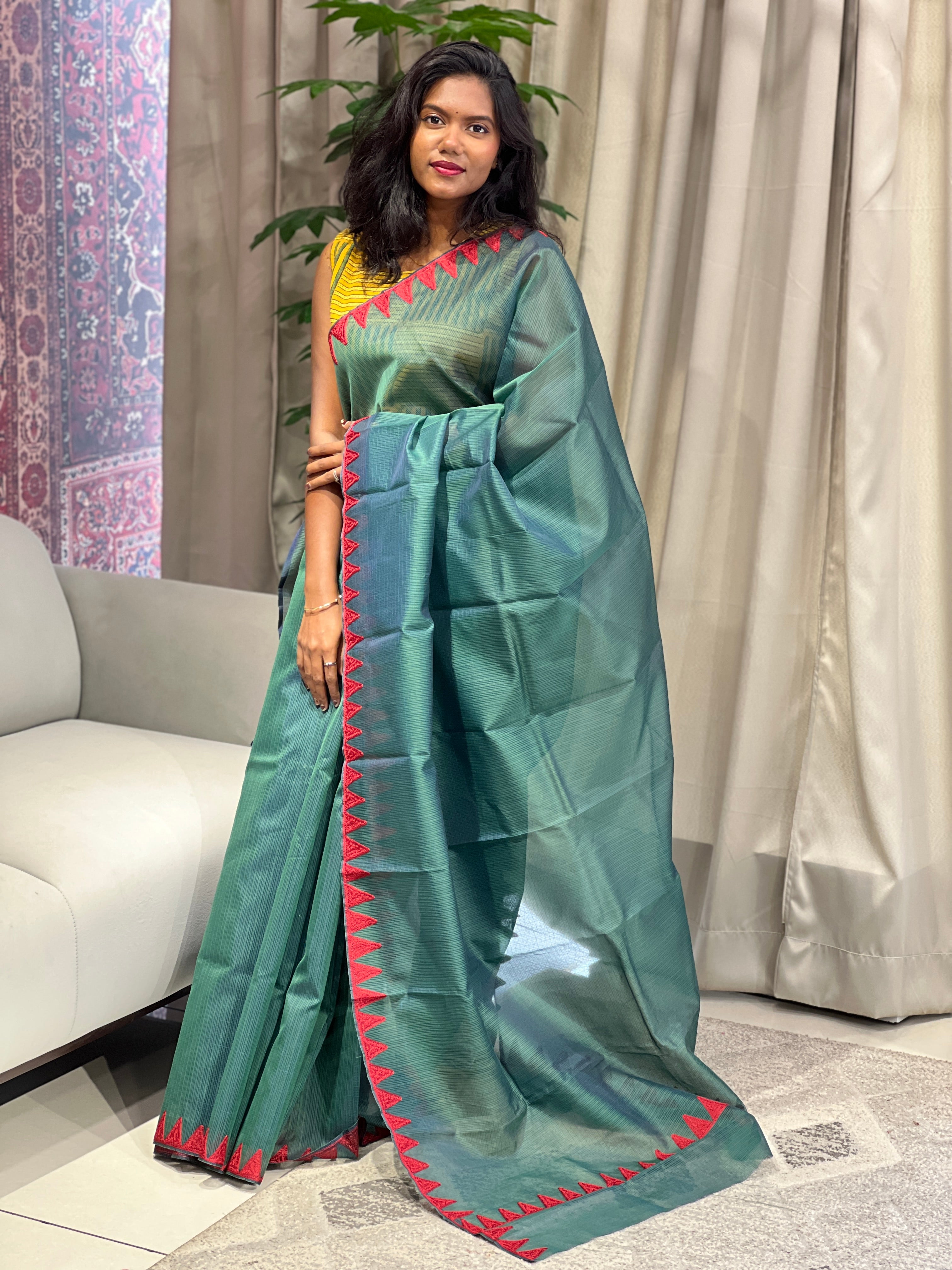 Embroidery Detailed Muga Check Organza Saree | JSC432