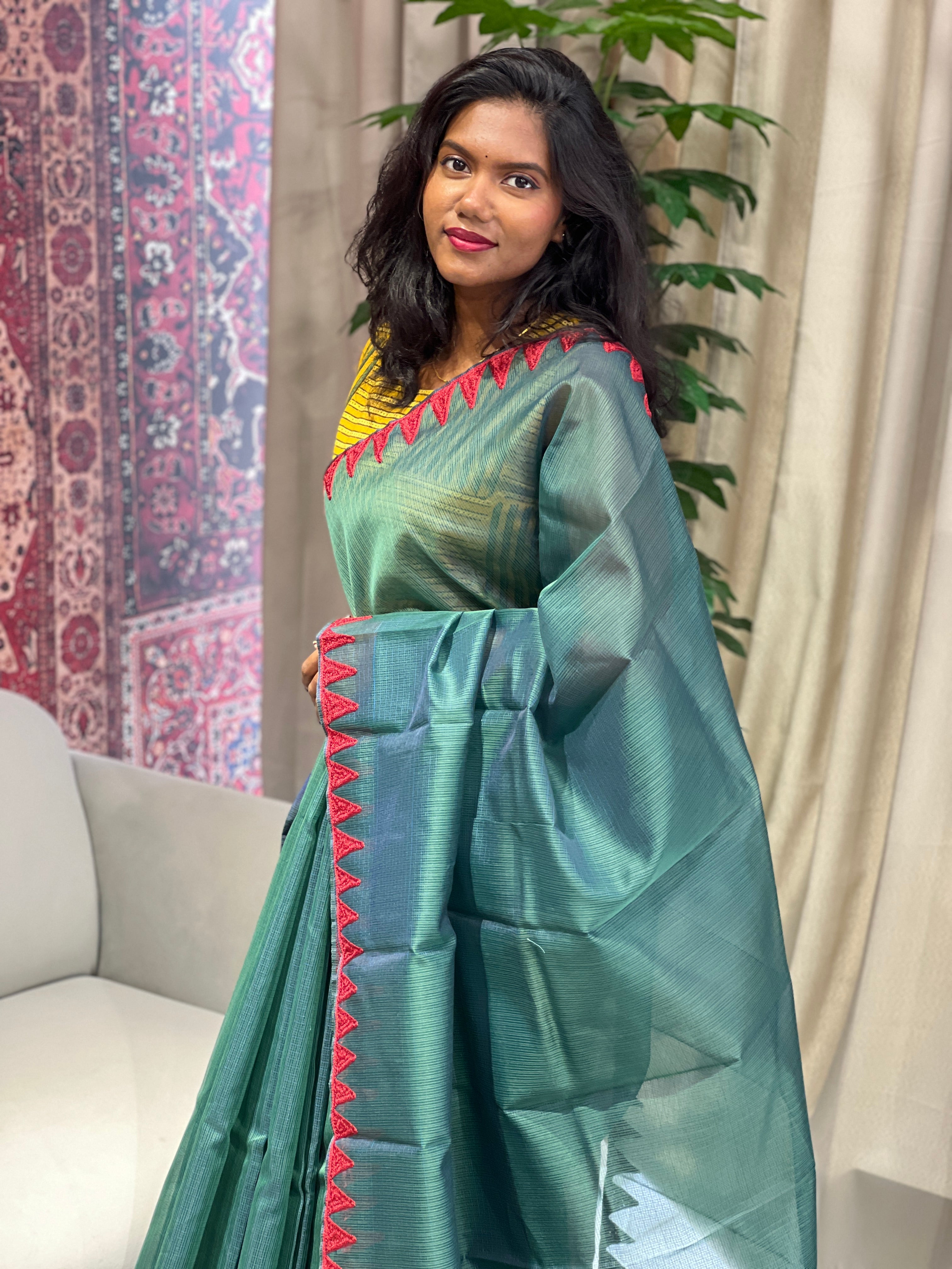 Embroidery Detailed Muga Check Organza Saree | JSC432