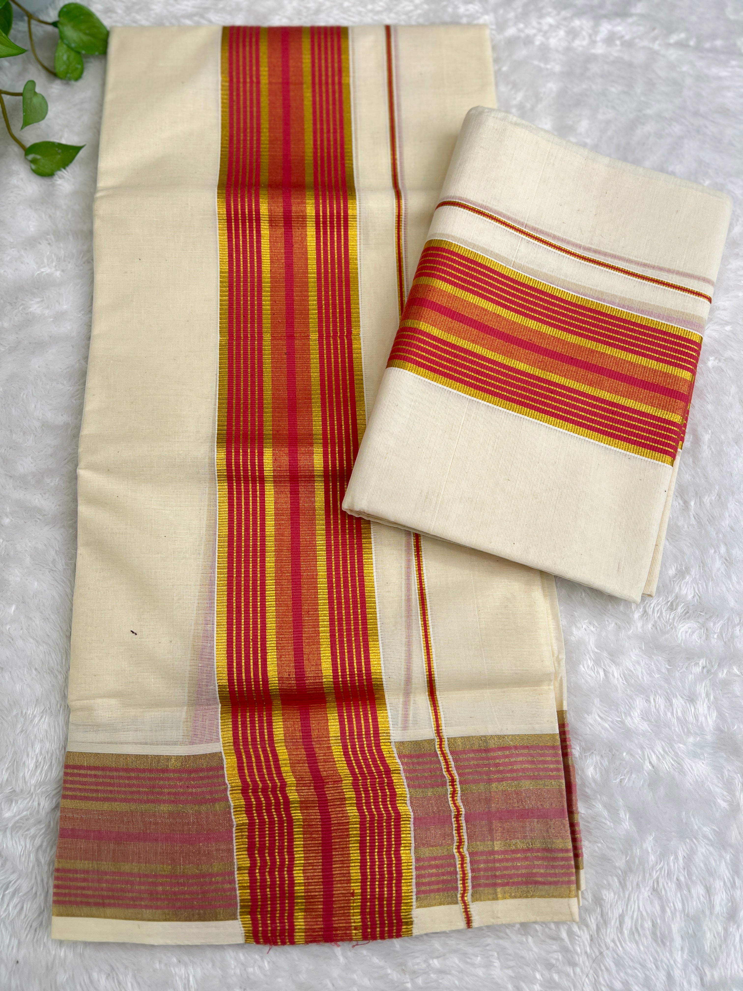 Stripe Border Pattern Kerala Cotton Set Mundu | GAT544