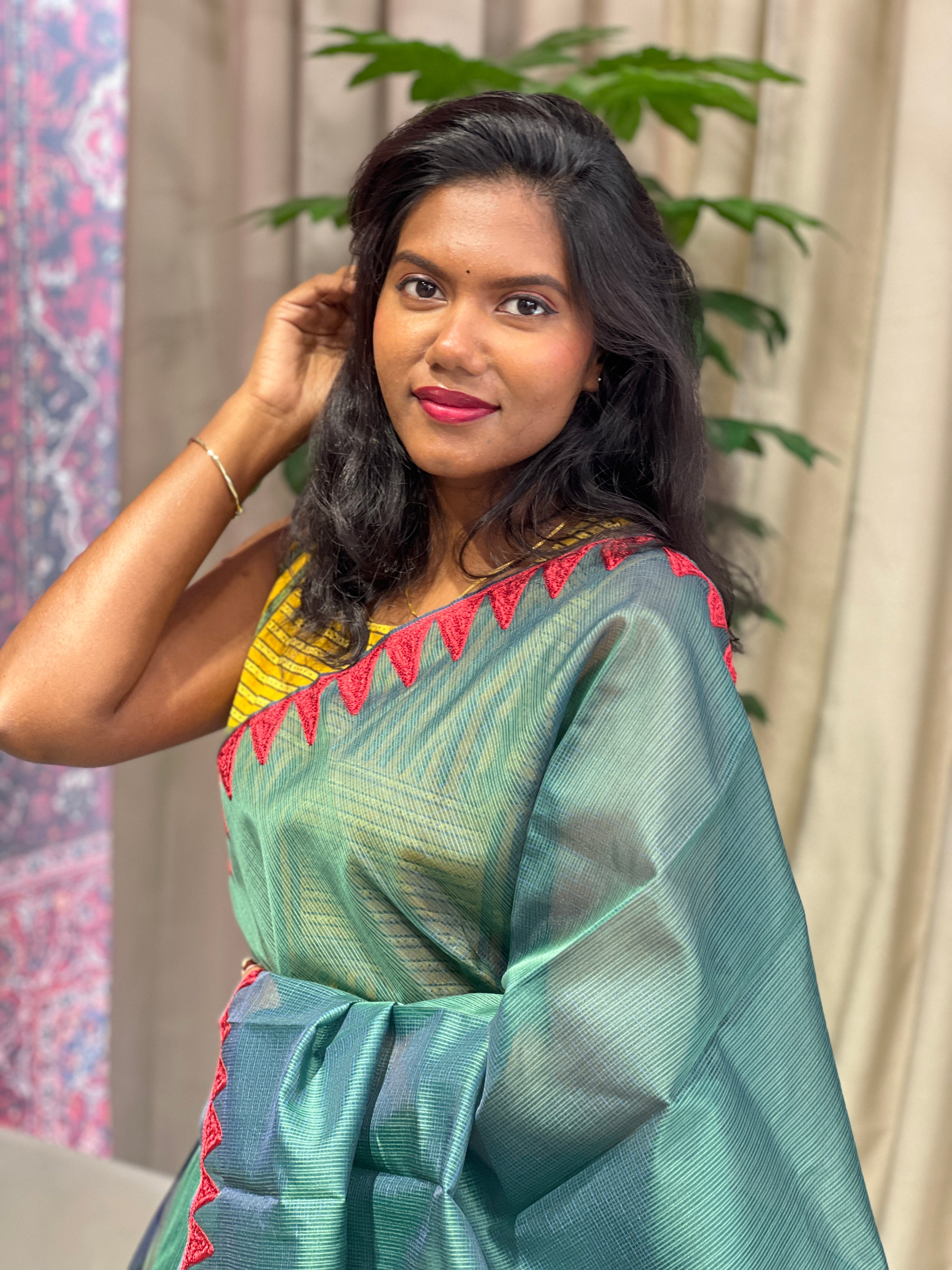 Embroidery Detailed Muga Check Organza Saree | JSC432