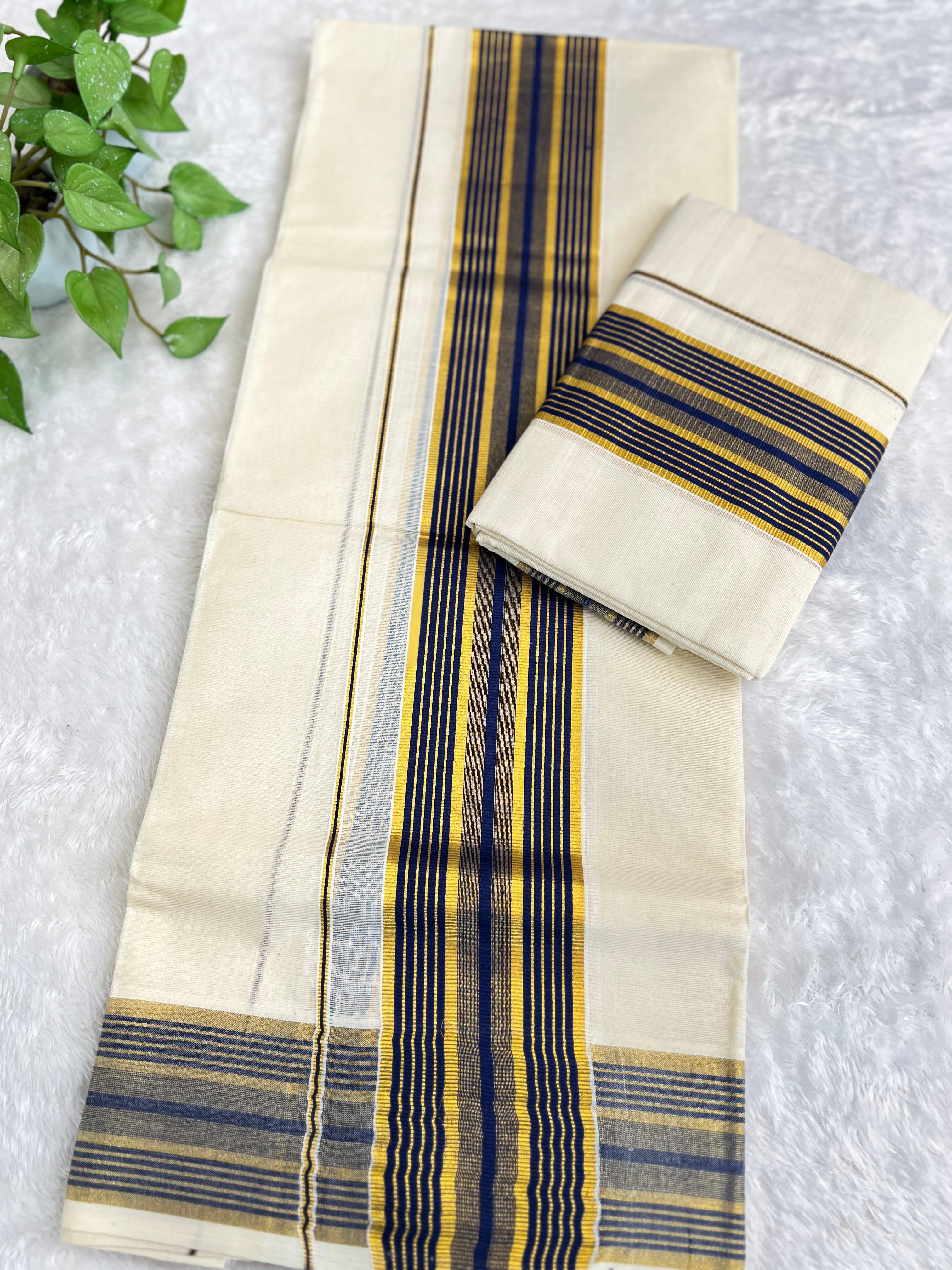 Stripe Border Pattern Kerala Cotton Set Mundu | GAT549