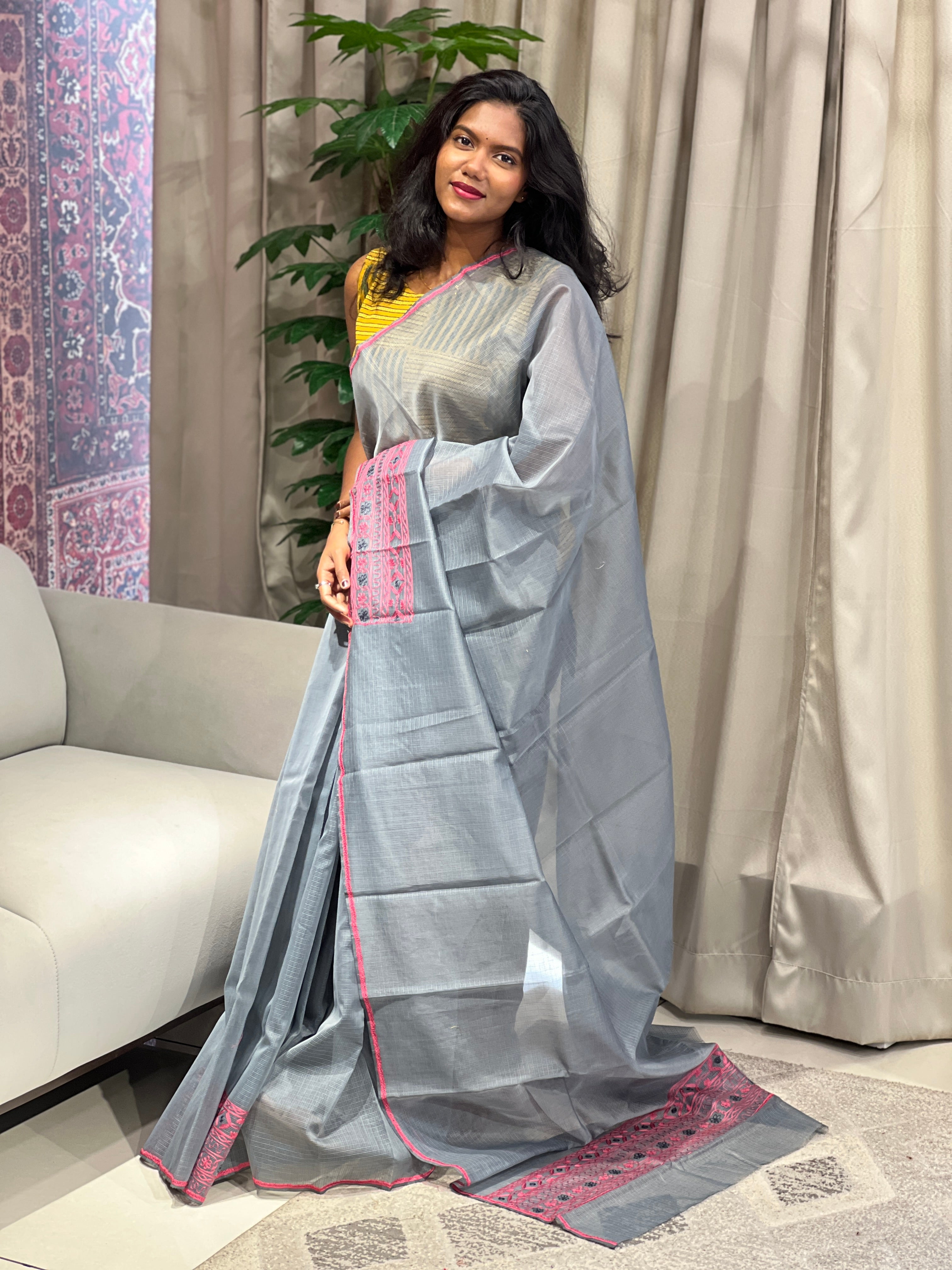 Embroidery Detailed Muga Check Organza Saree | JSC431