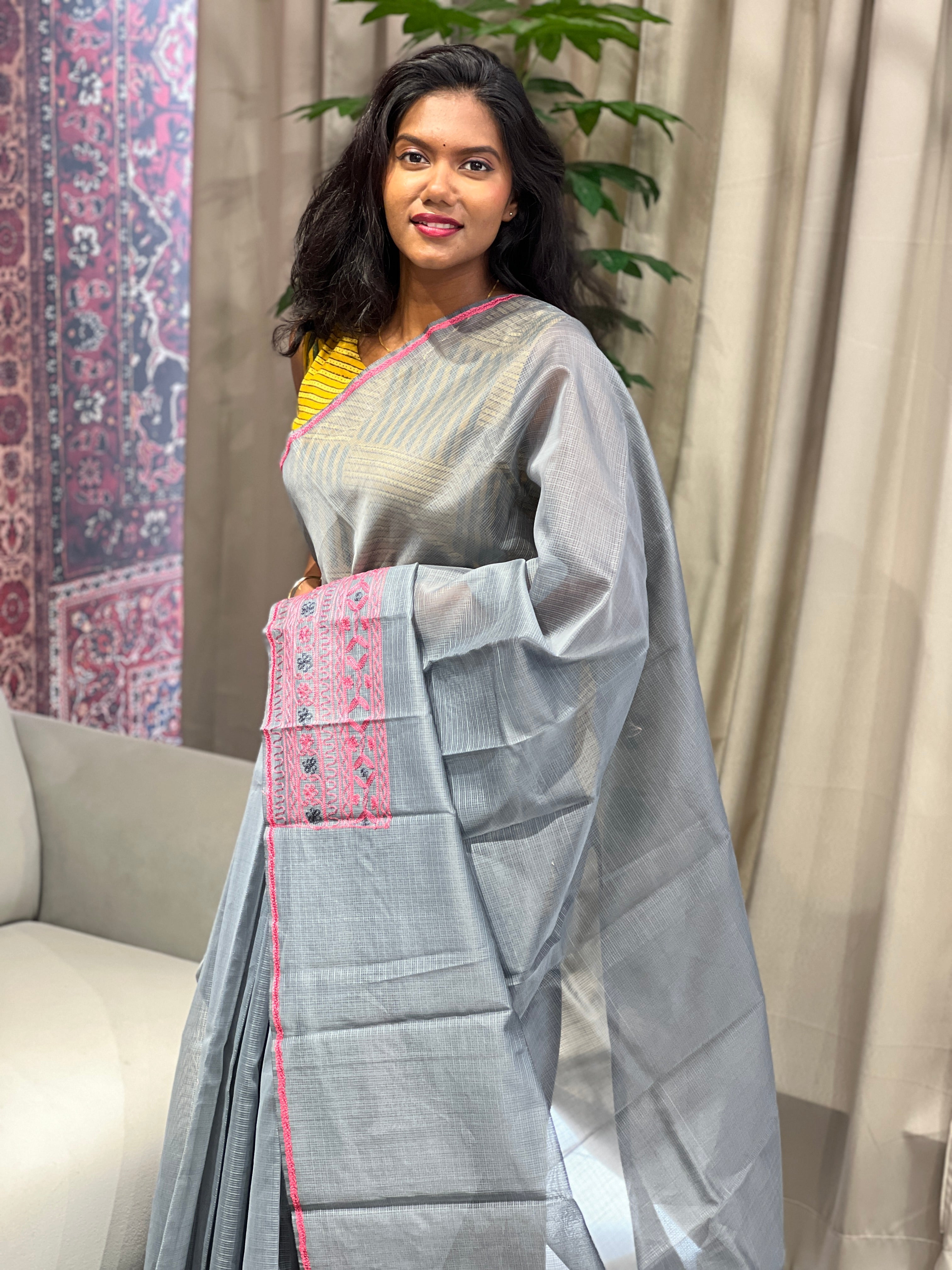 Embroidery Detailed Muga Check Organza Saree | JSC431