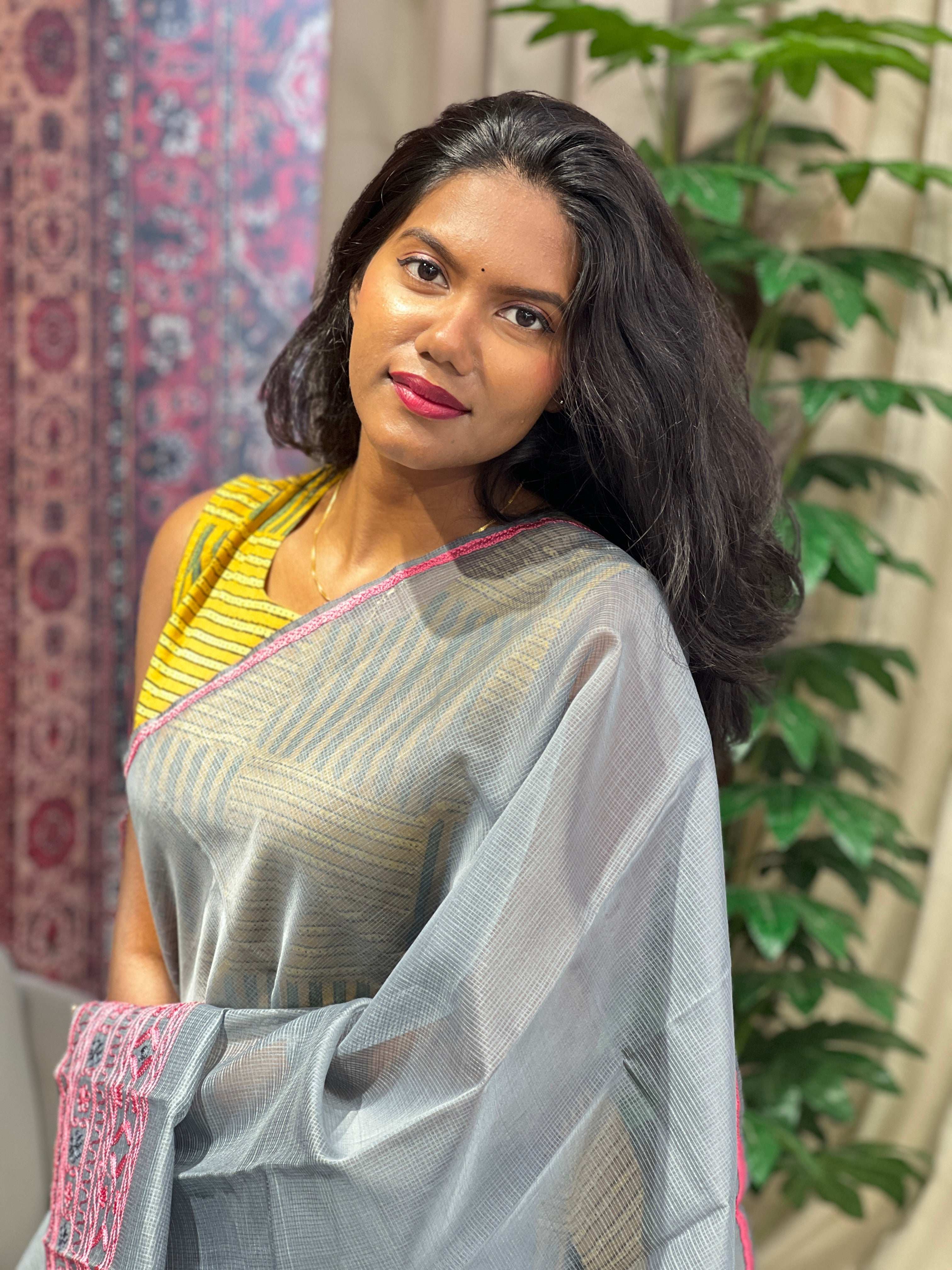 Embroidery Detailed Muga Check Organza Saree | JSC431