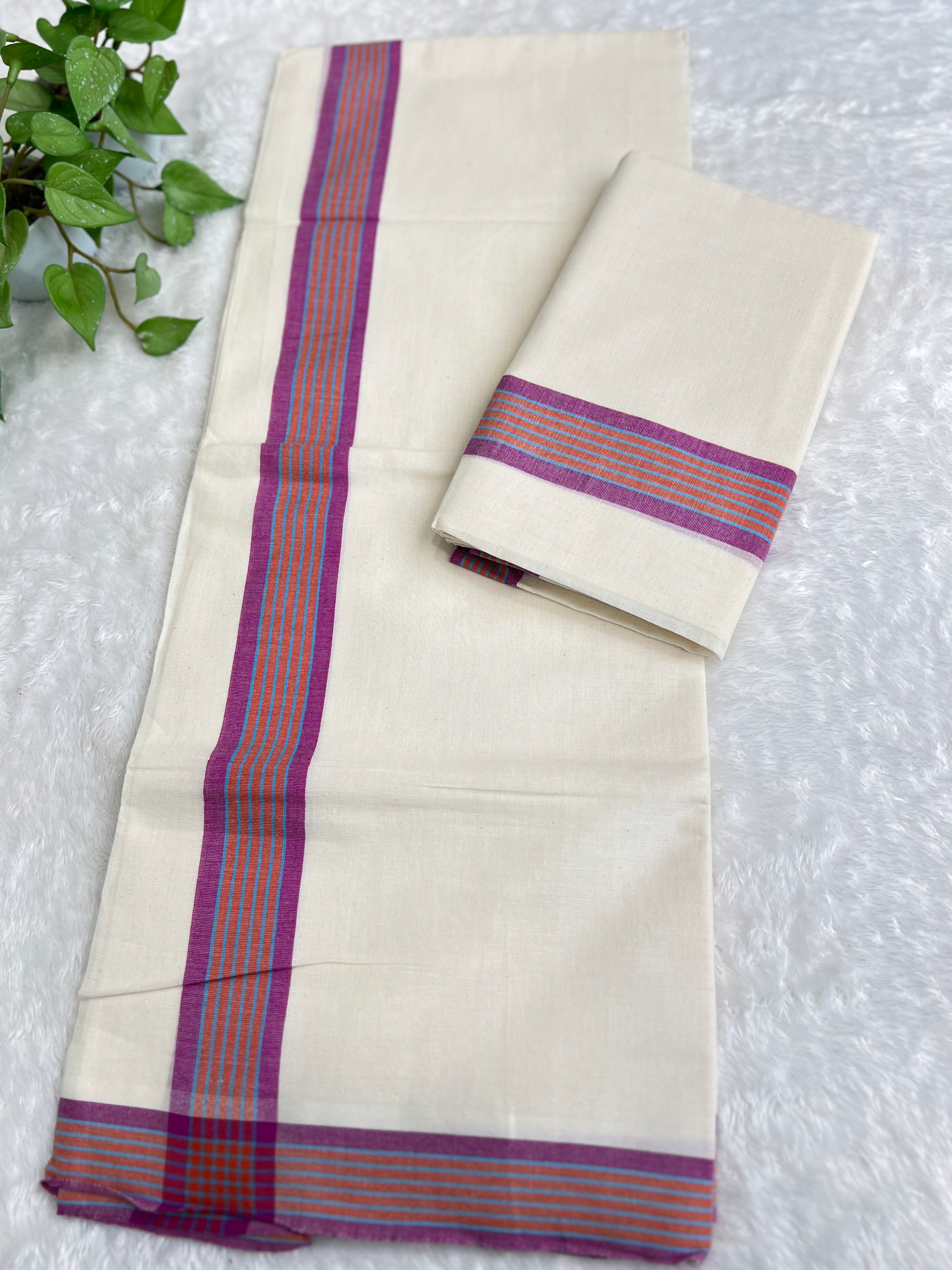 Stripe Border Pattern Kerala Cotton Set Mundu | GAT588