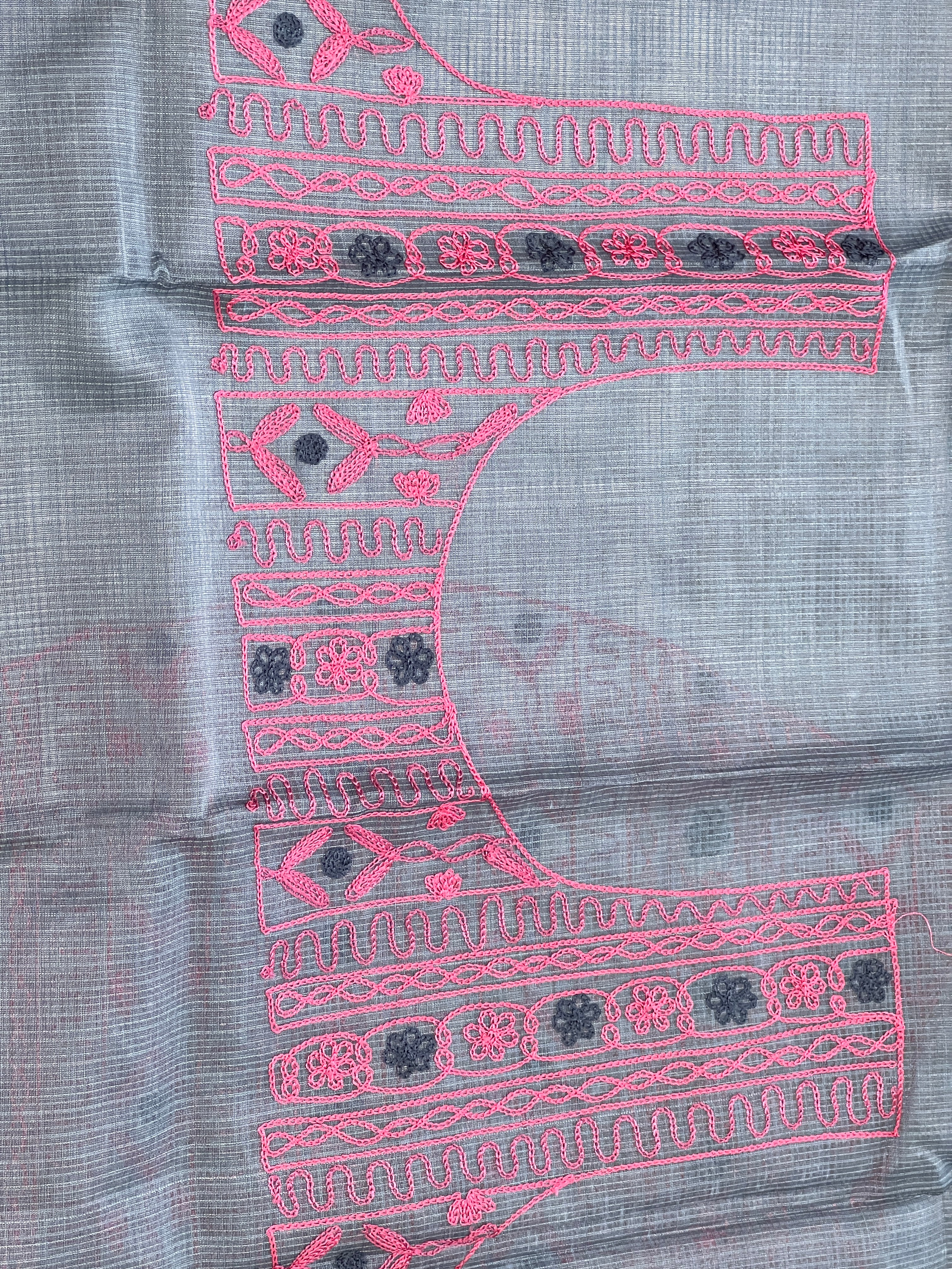 Embroidery Detailed Muga Check Organza Saree | JSC431