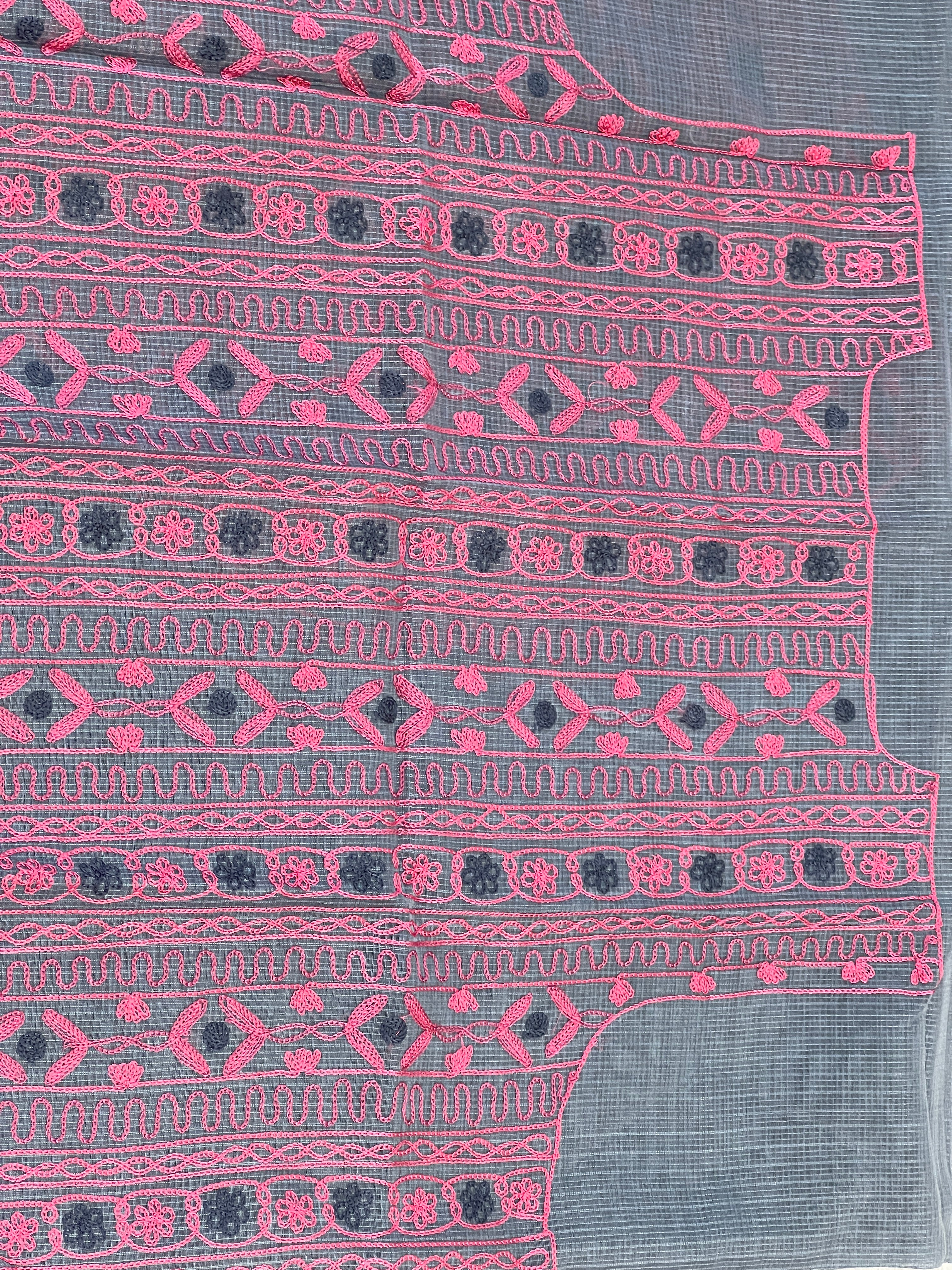 Embroidery Detailed Muga Check Organza Saree | JSC431