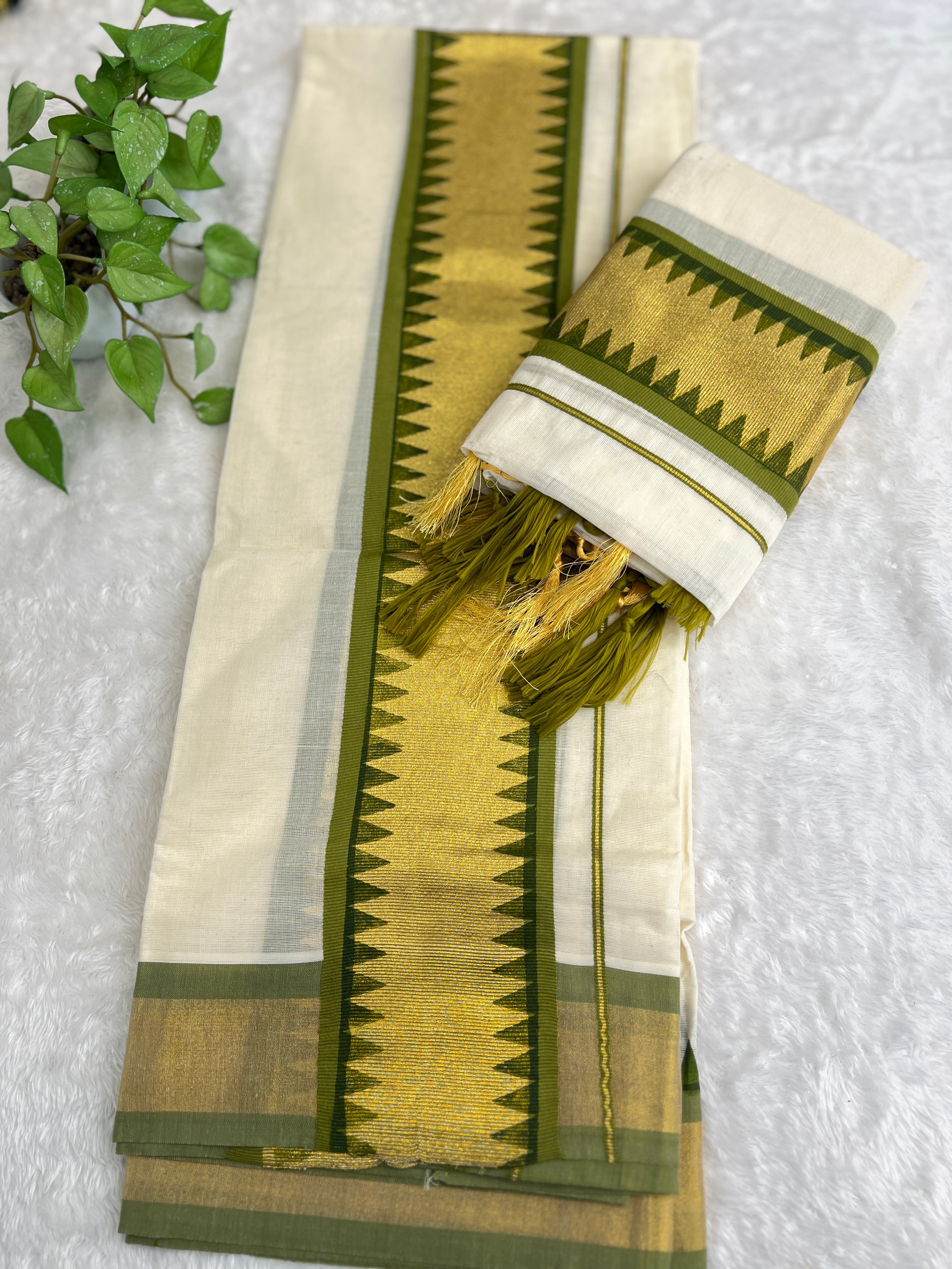 Temple Pattern Border Kerala Cotton Set Mundu | GAT576