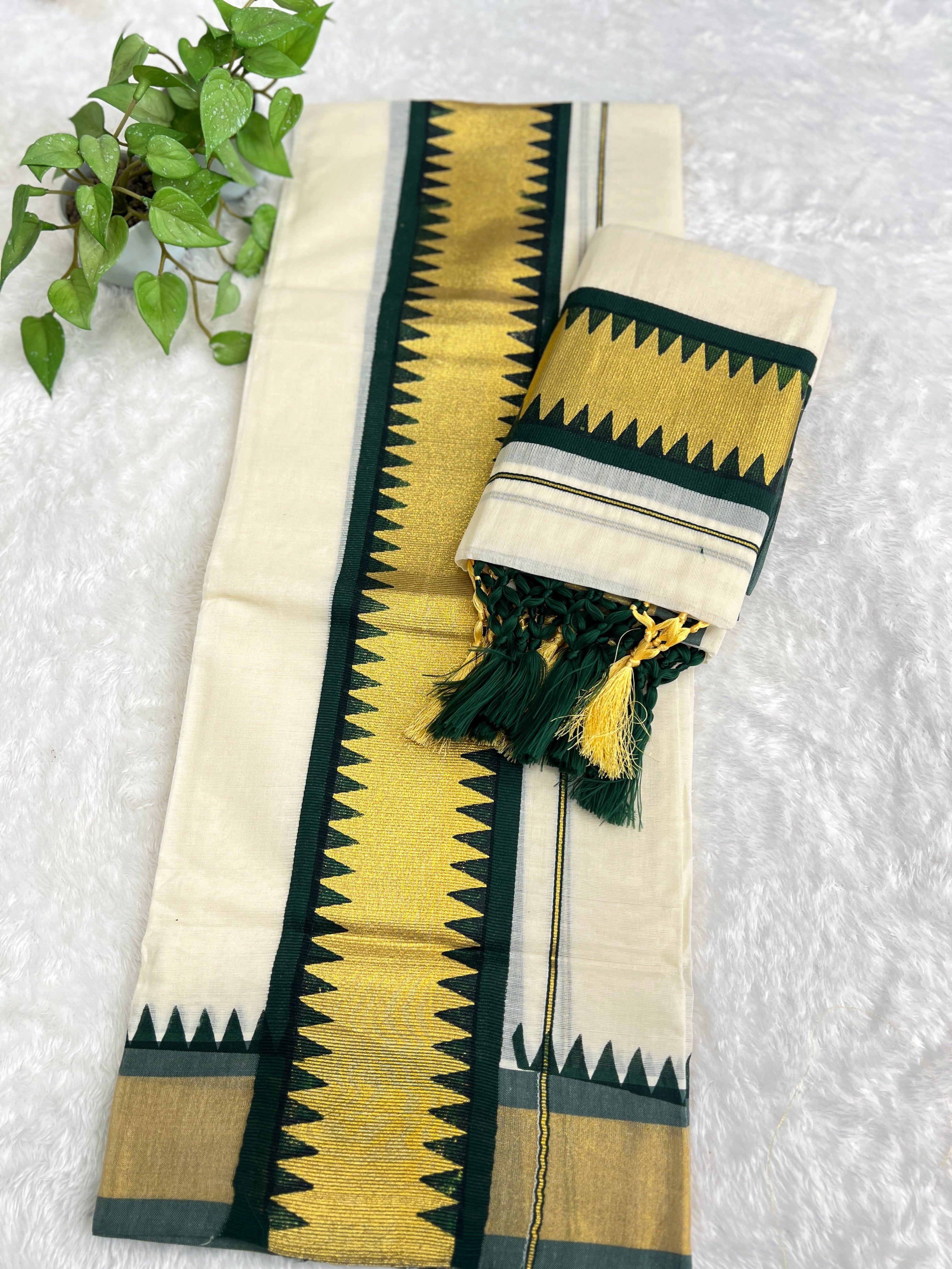 Temple Pattern Border Kerala Cotton Set Mundu | GAT575