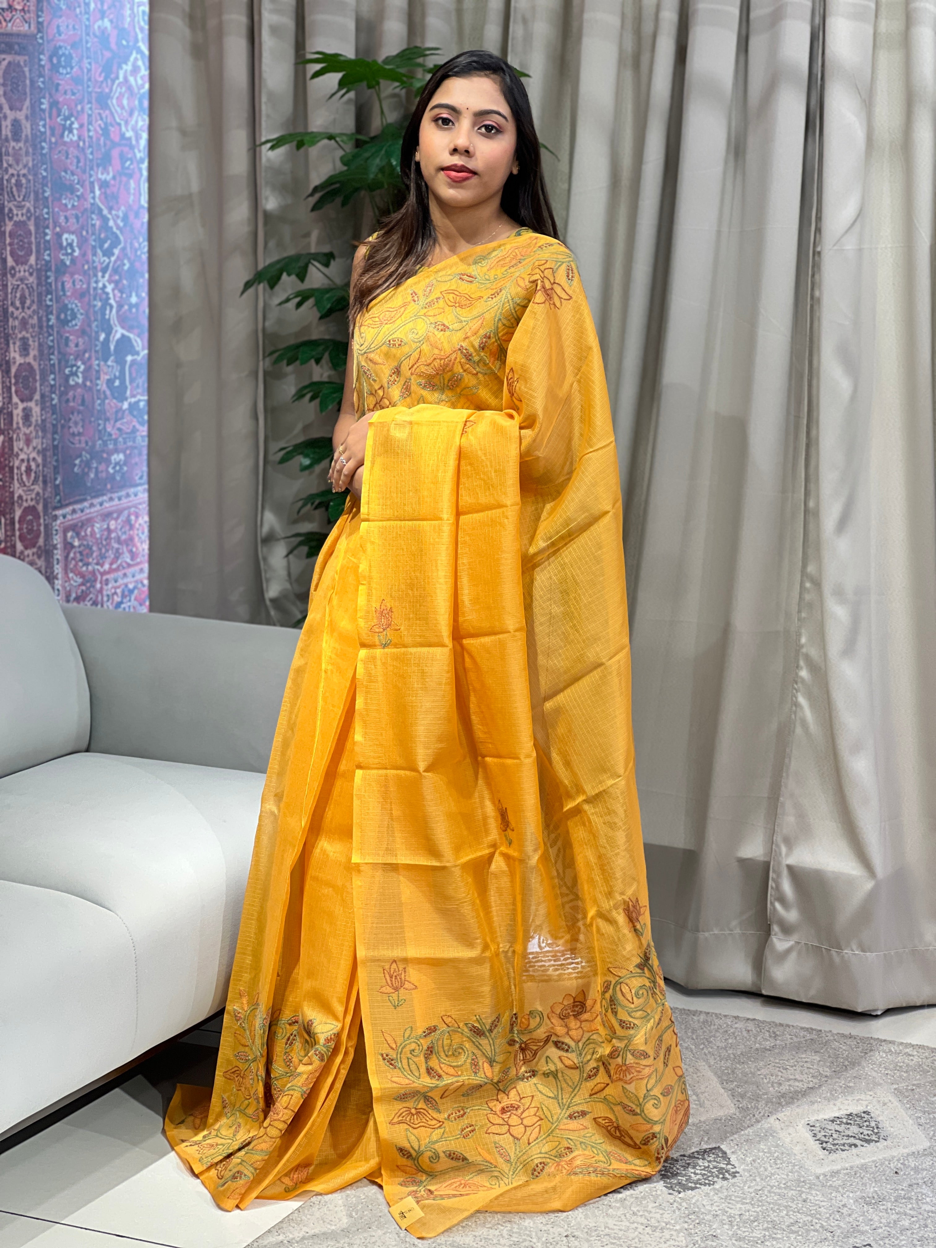 Floral Embroidery Detailed Muga Check Organza Saree | JSC447