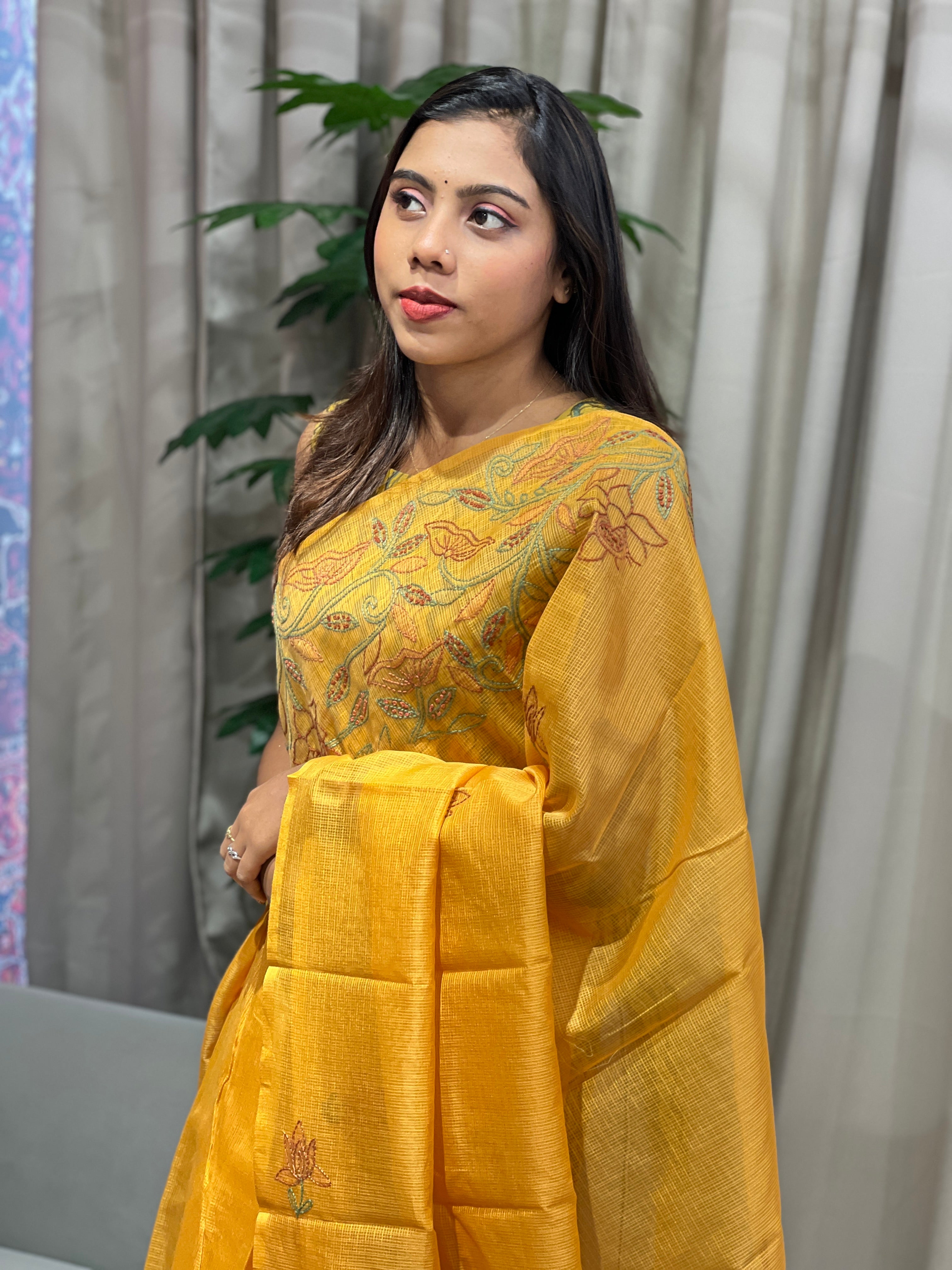 Floral Embroidery Detailed Muga Check Organza Saree | JSC447