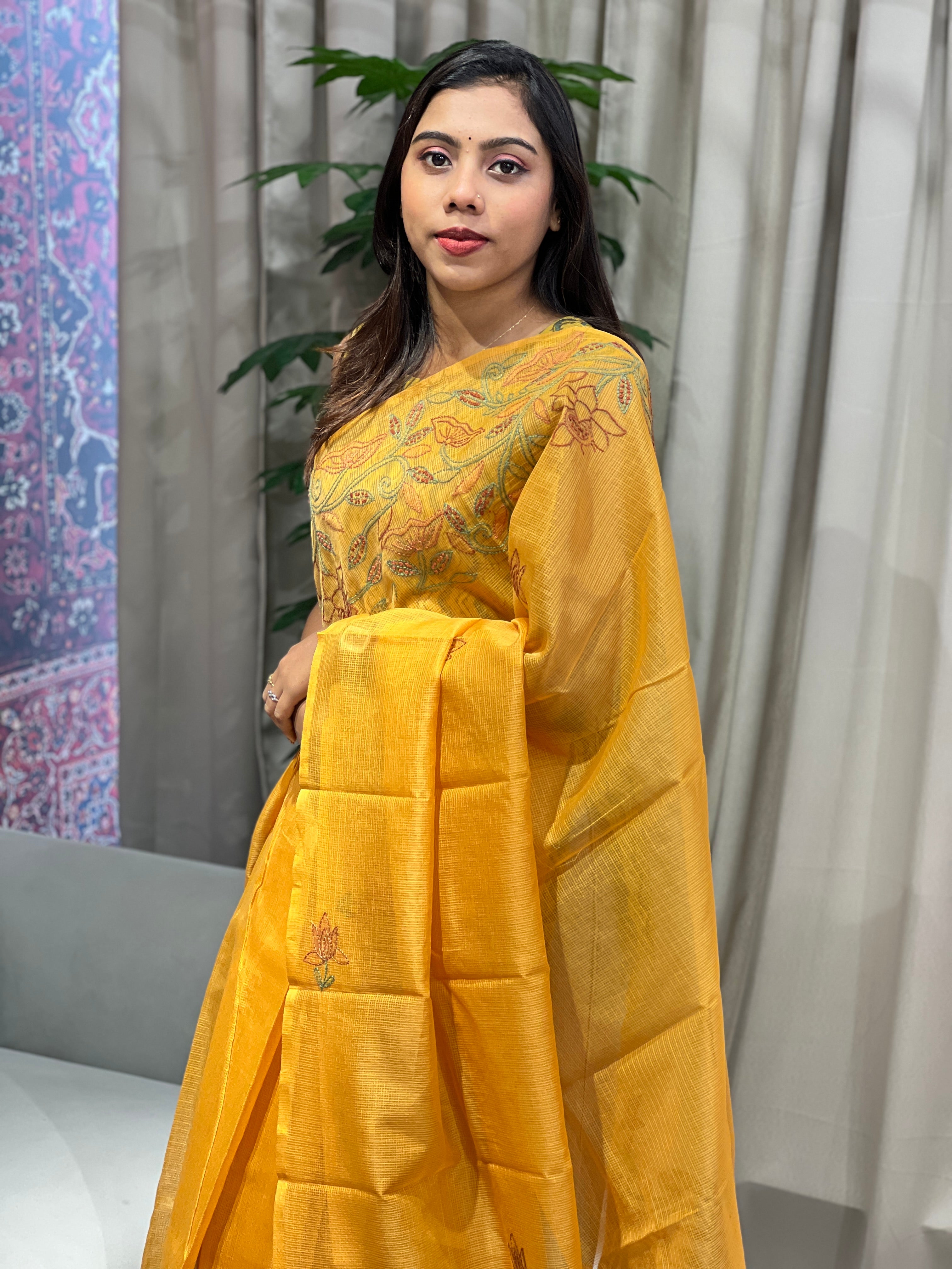 Floral Embroidery Detailed Muga Check Organza Saree | JSC447