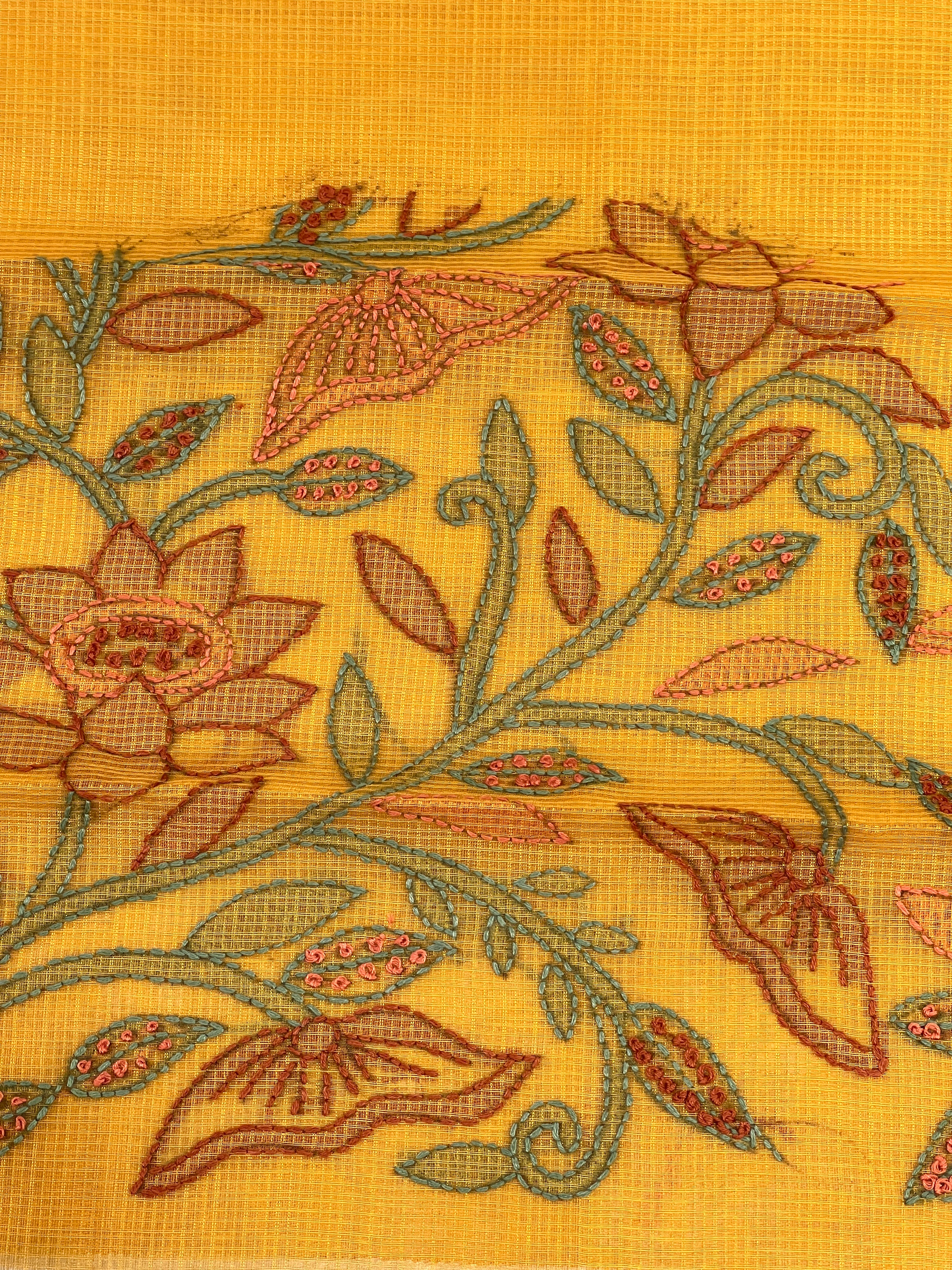 Floral Embroidery Detailed Muga Check Organza Saree | JSC447