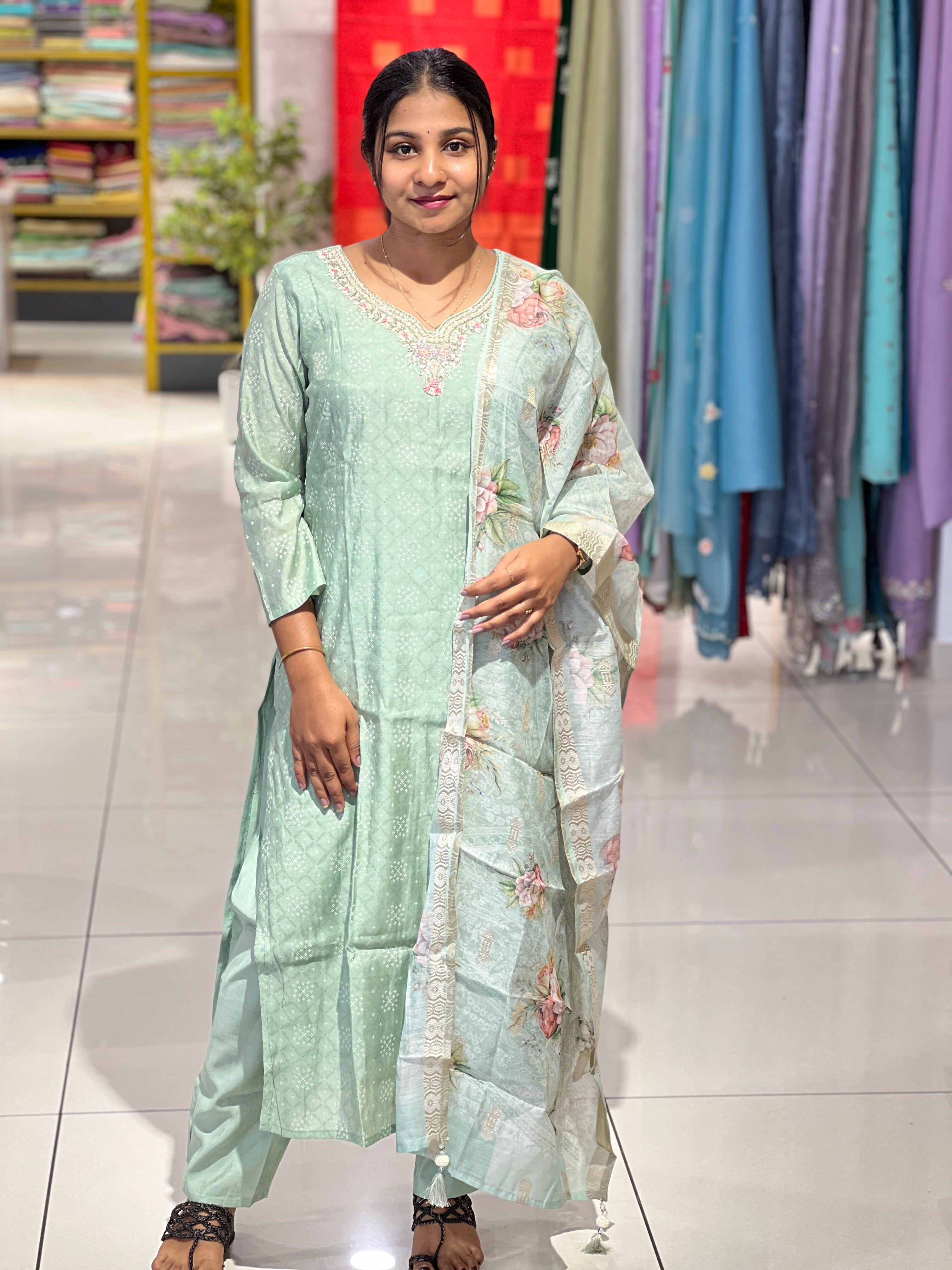 Print With Embroidery Detailed Muslin Silk Kurta Set | FW371