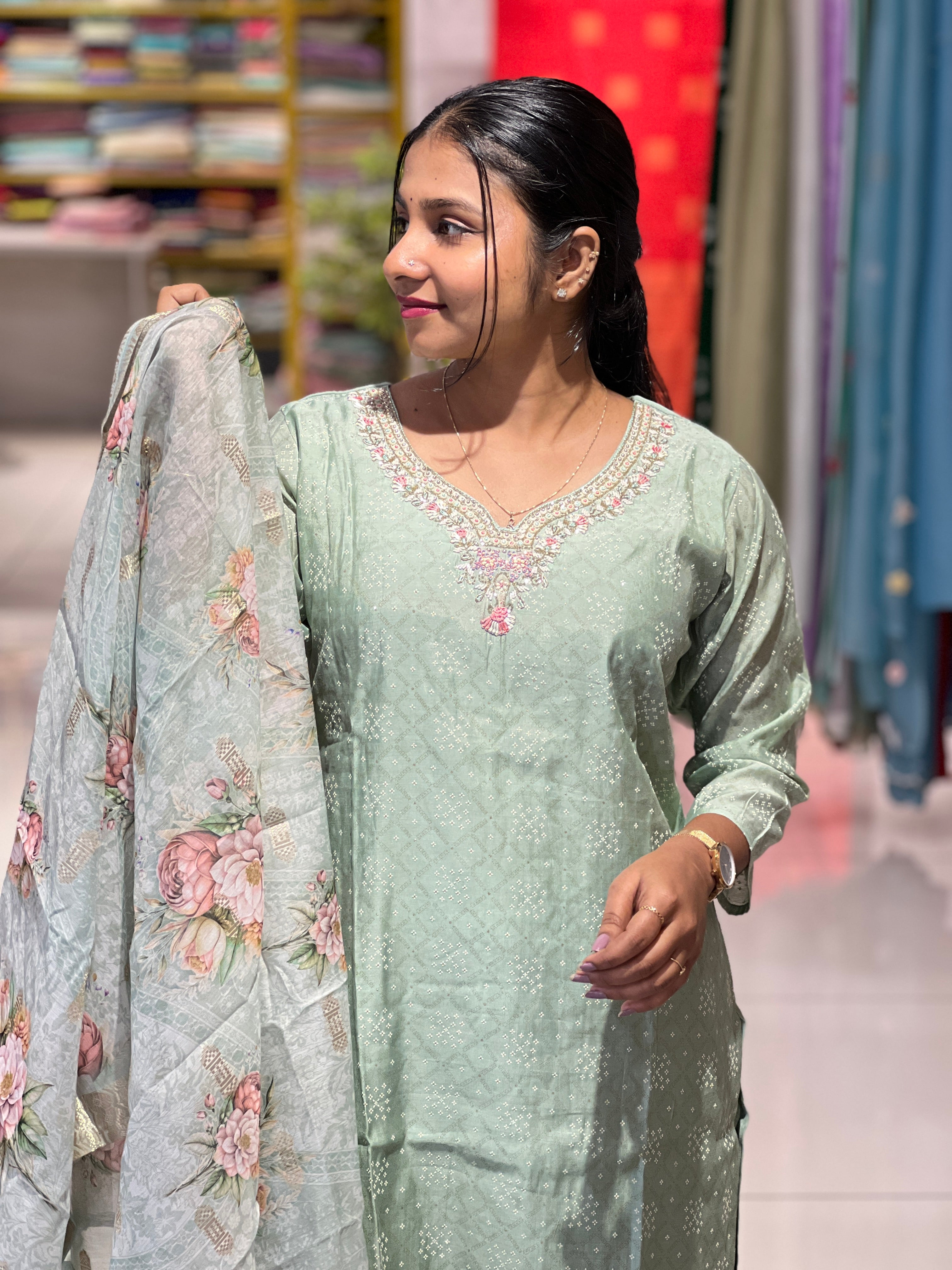 Print With Embroidery Detailed Muslin Silk Kurta Set | FW371