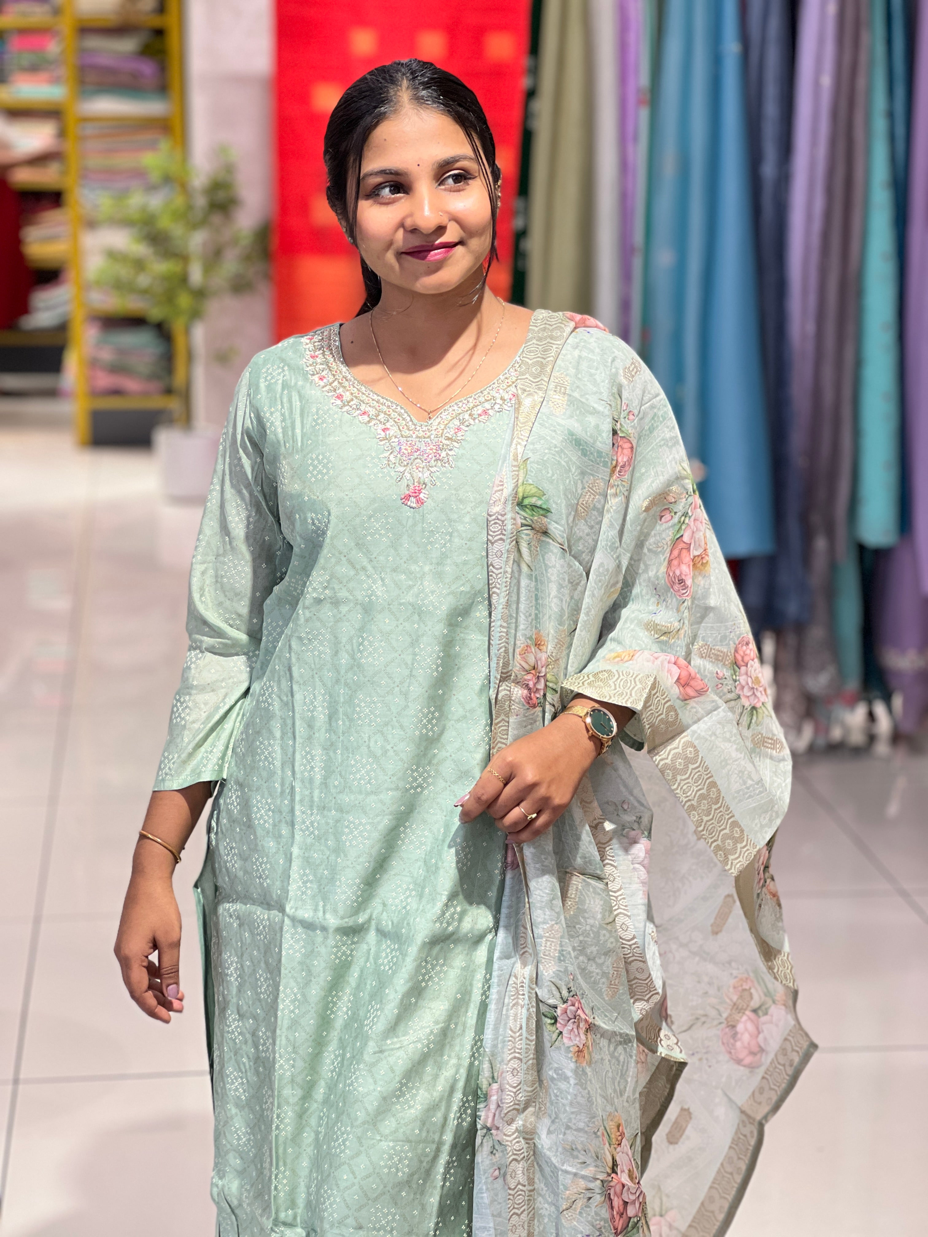 Print With Embroidery Detailed Muslin Silk Kurta Set | FW371