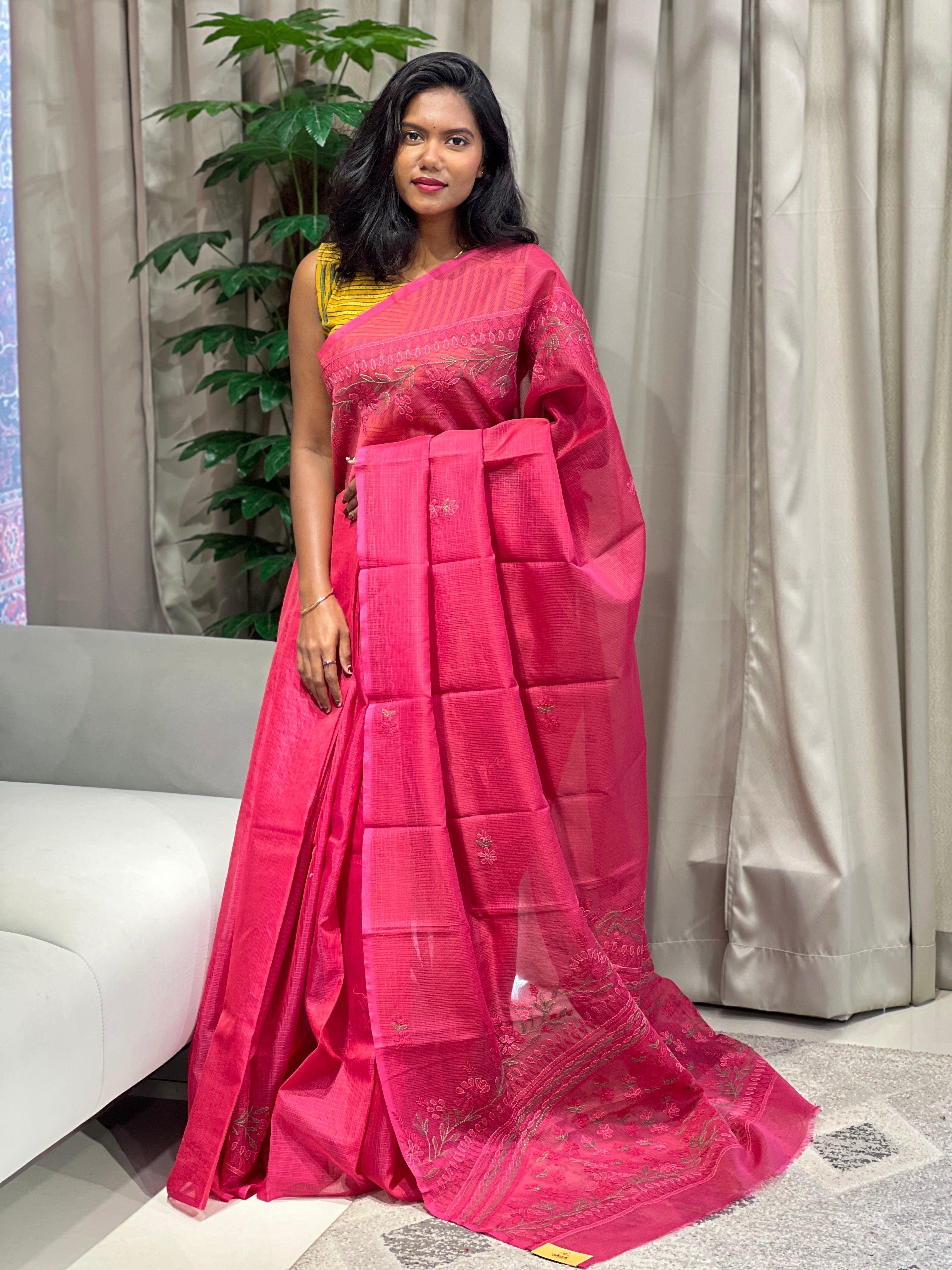 Floral Embroidery Detailed Muga Check Organza Saree | JSC451