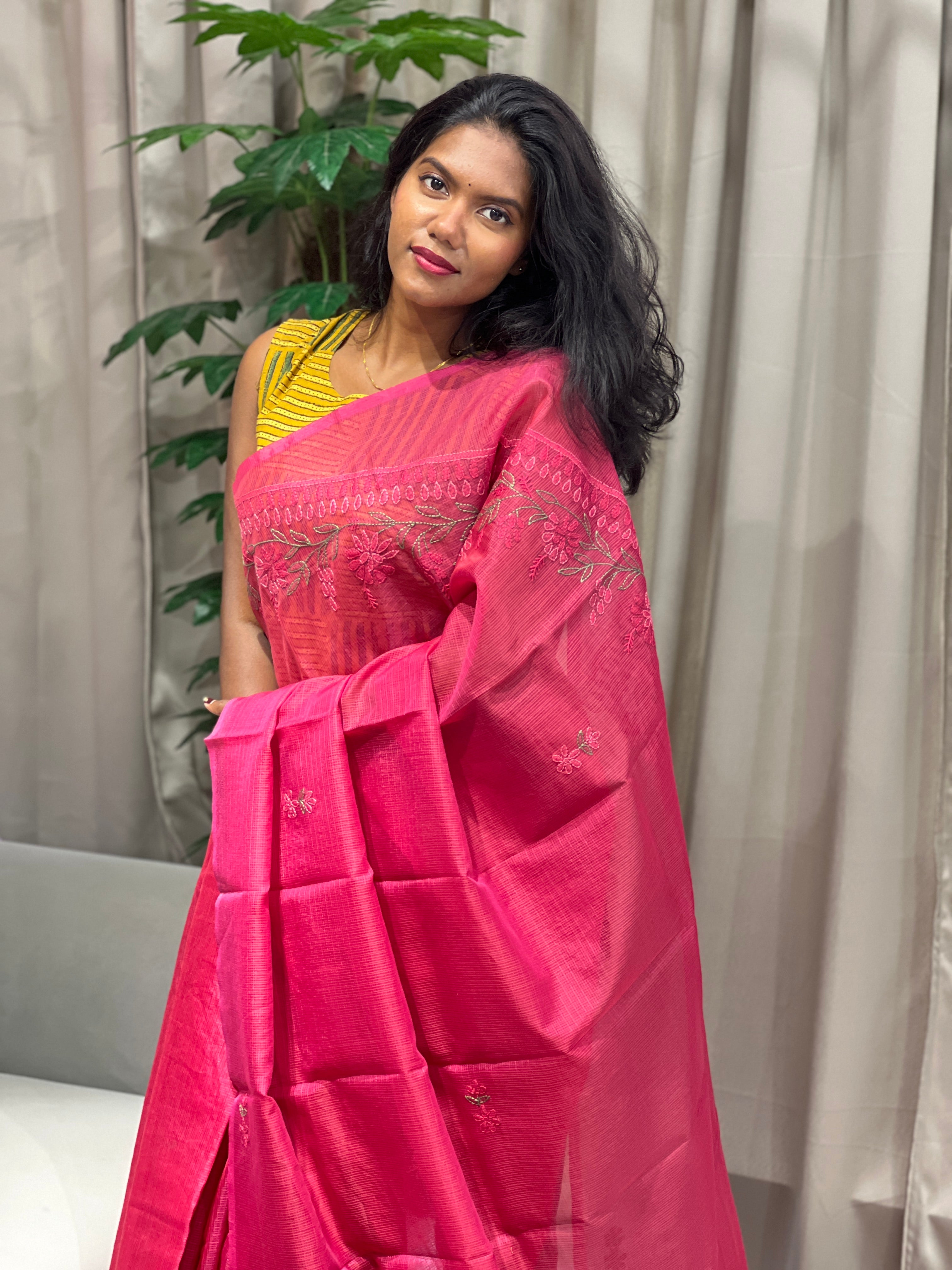 Floral Embroidery Detailed Muga Check Organza Saree | JSC451