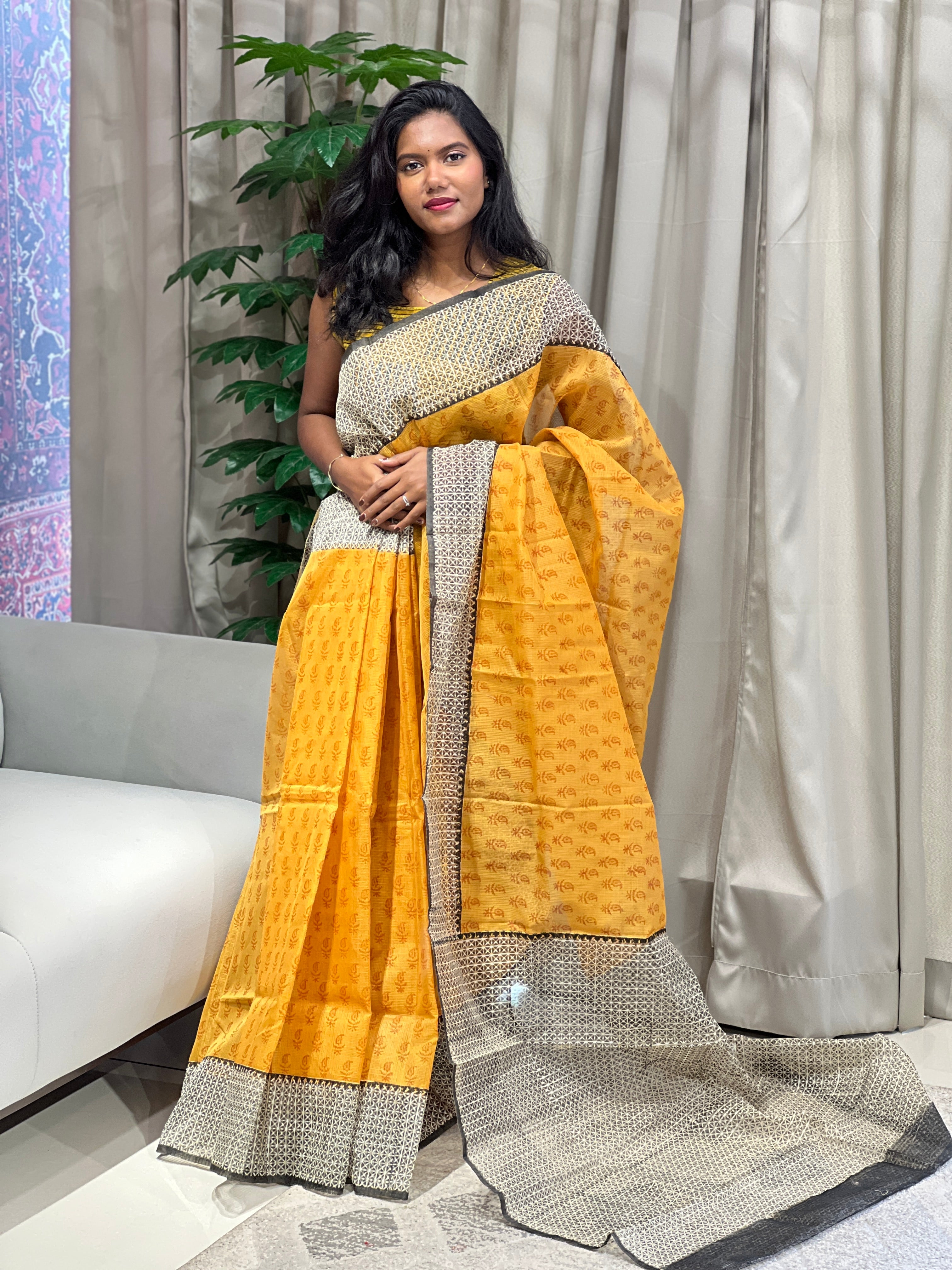 Block Print Detailed Check Organza Saree | JSC489