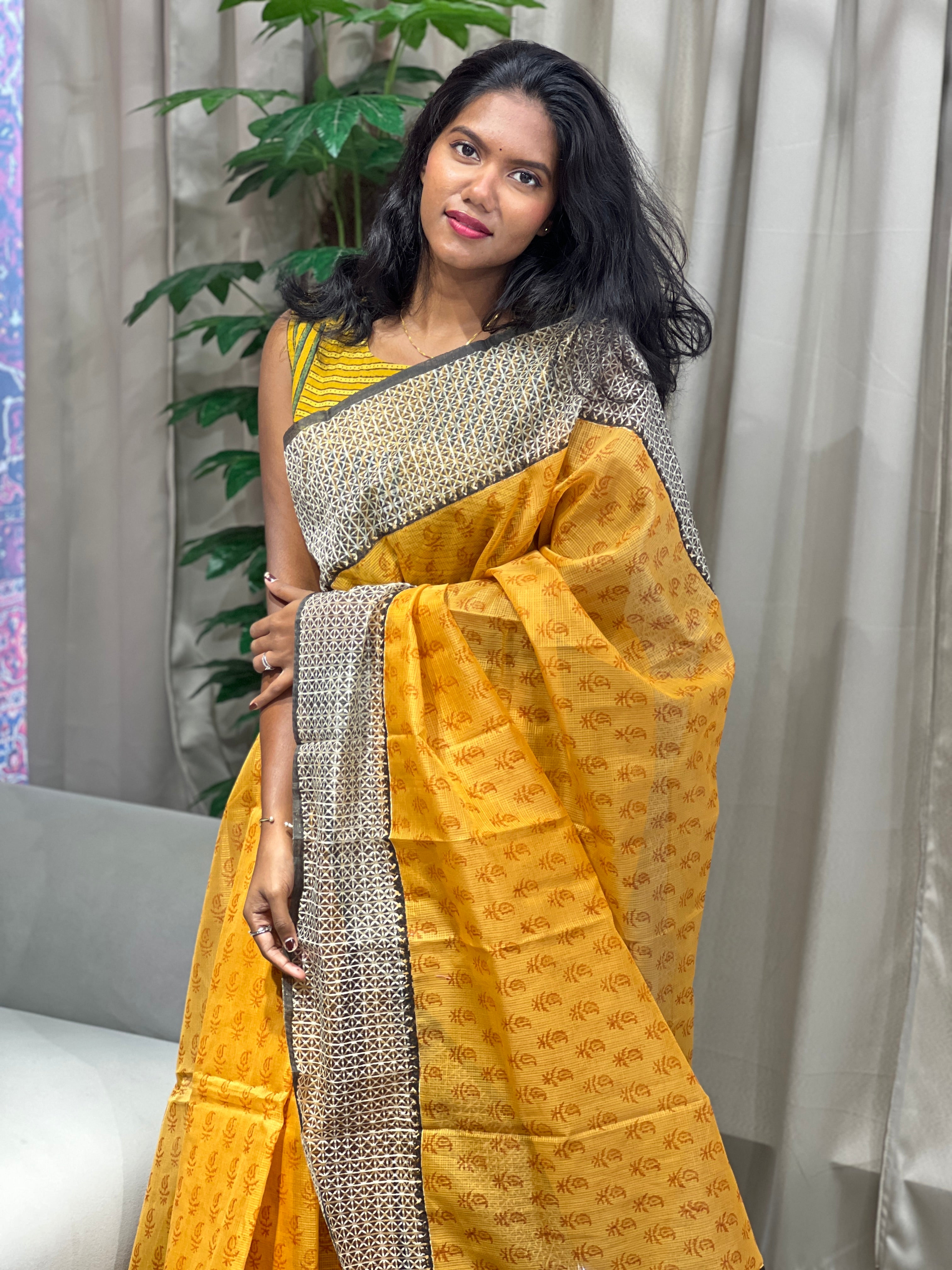 Block Print Detailed Check Organza Saree | JSC489