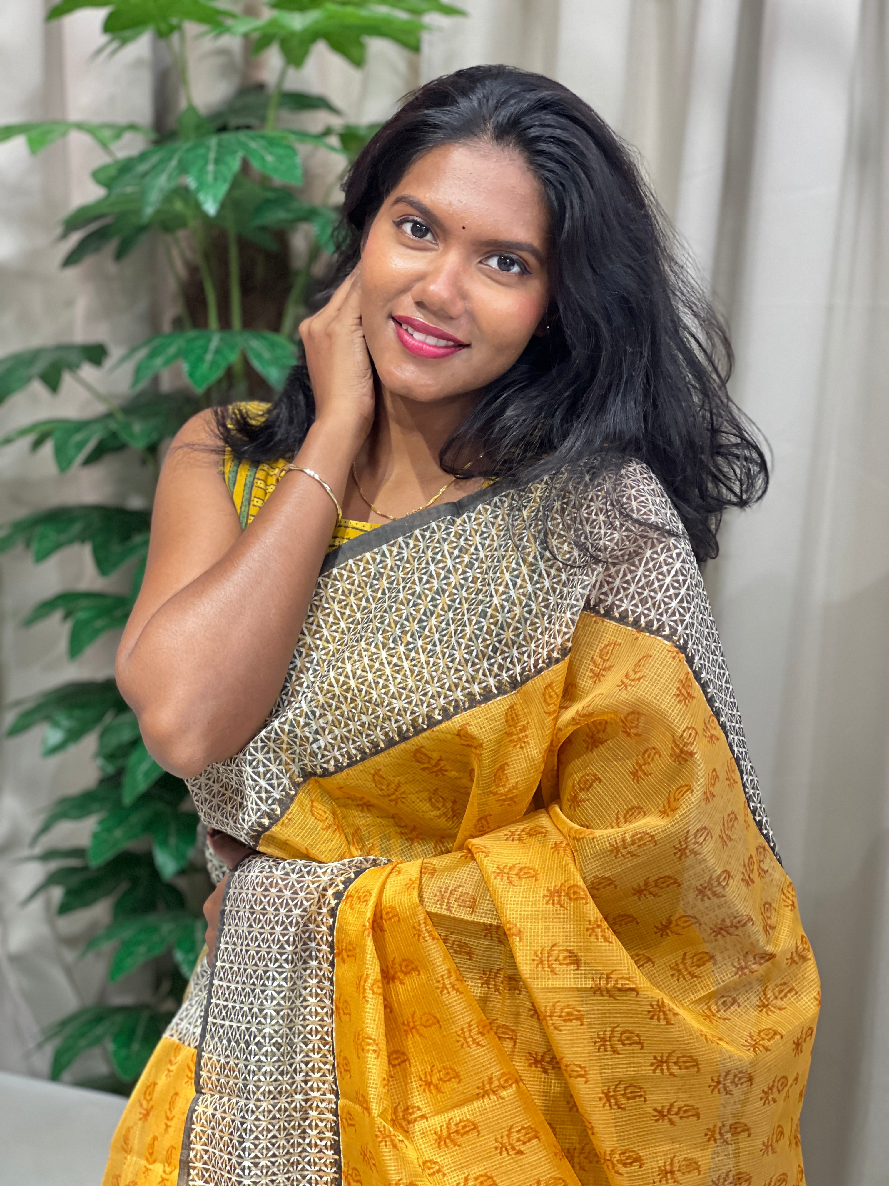 Block Print Detailed Check Organza Saree | JSC489