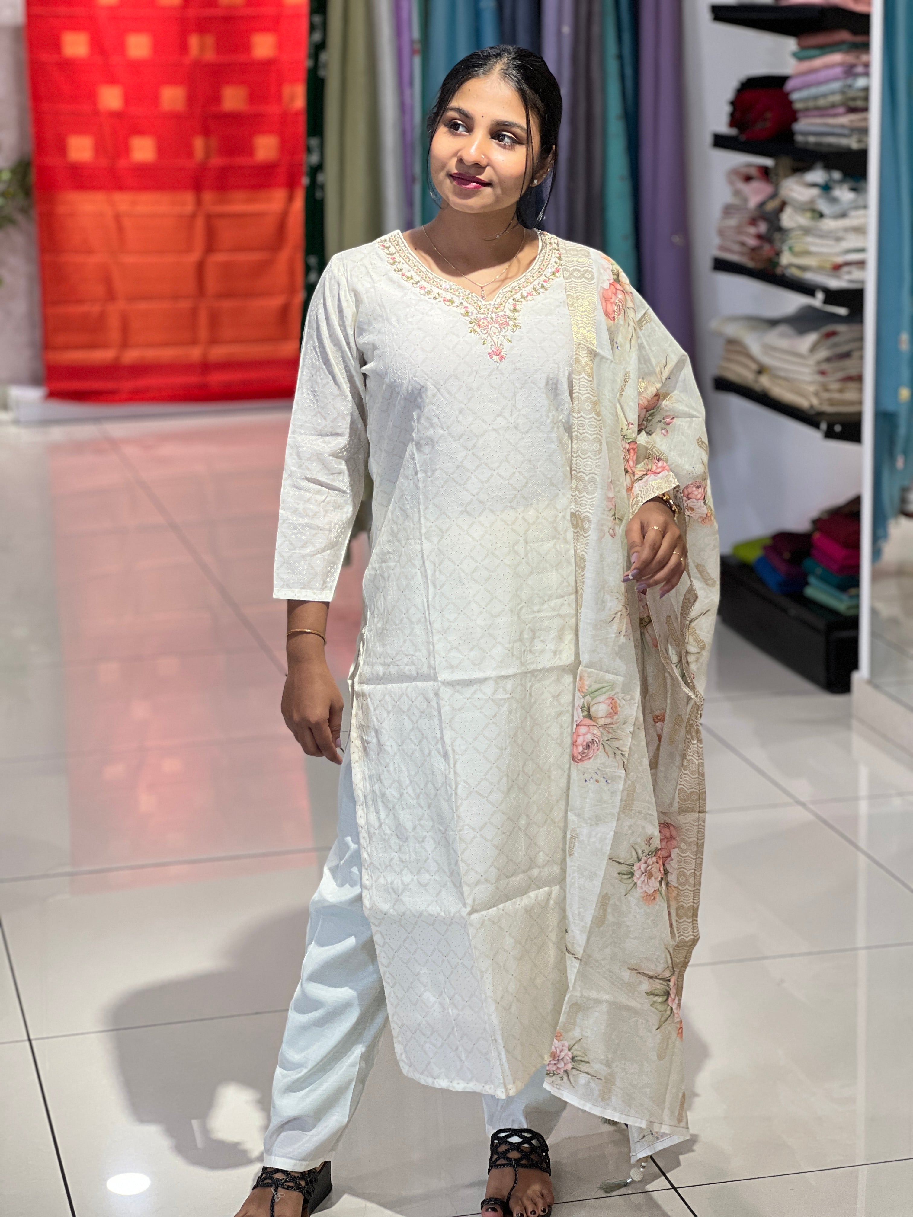 Print With Embroidery Detailed Muslin Silk Kurta Set | FW372