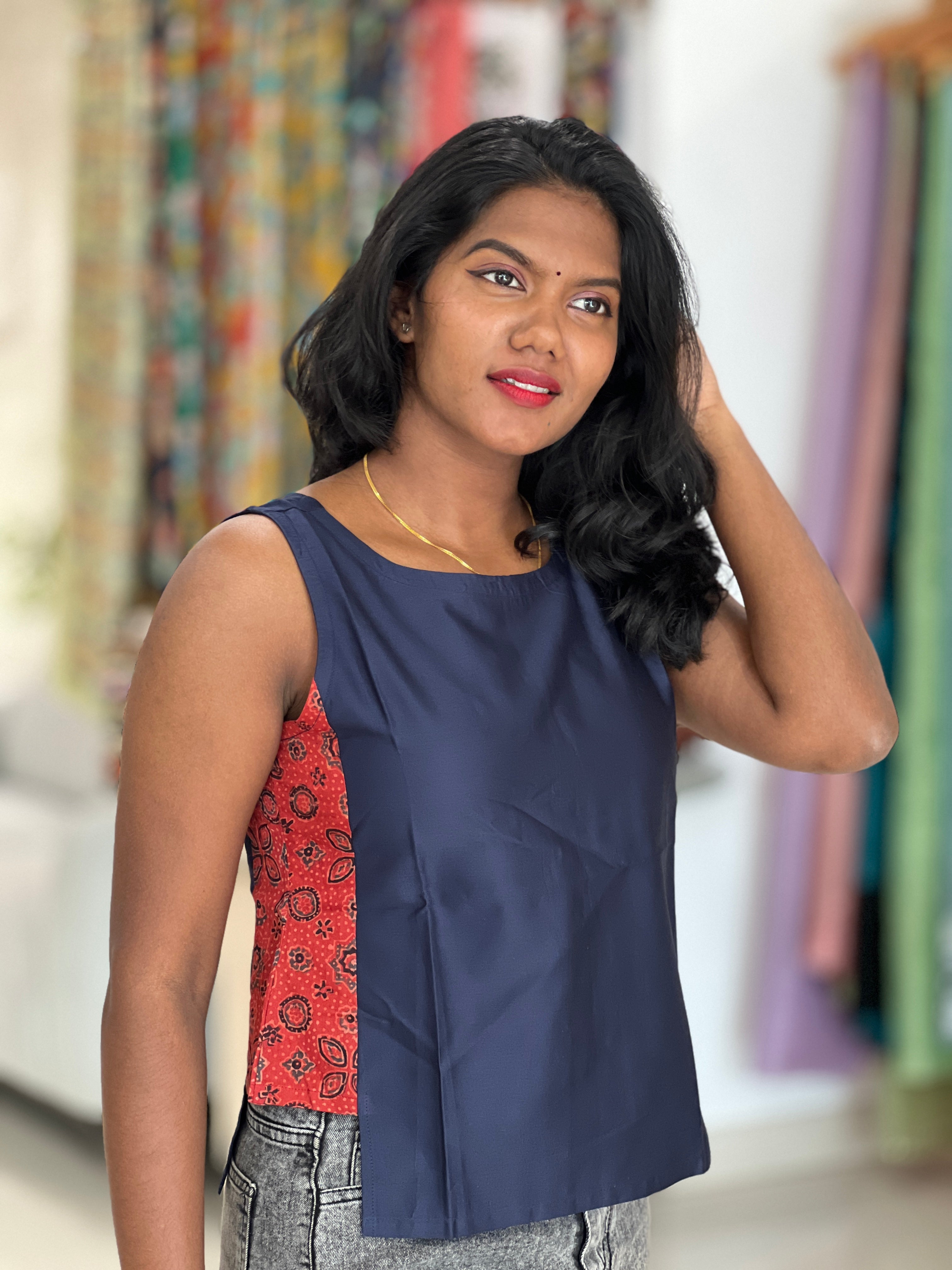 Ajrakh Printed Patch Detailed Semi Silk Short Kurta | DNT592