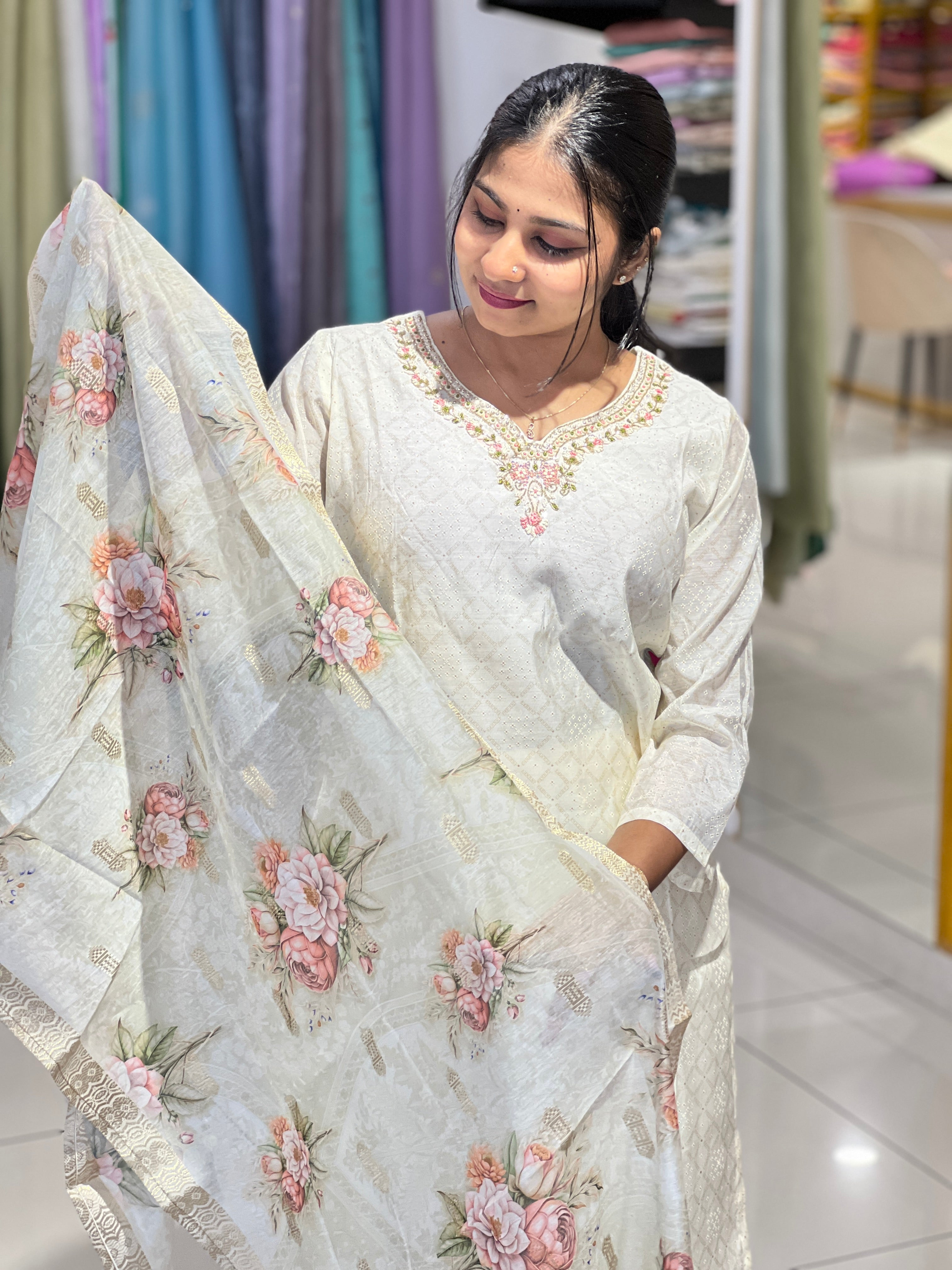 Print With Embroidery Detailed Muslin Silk Kurta Set | FW372