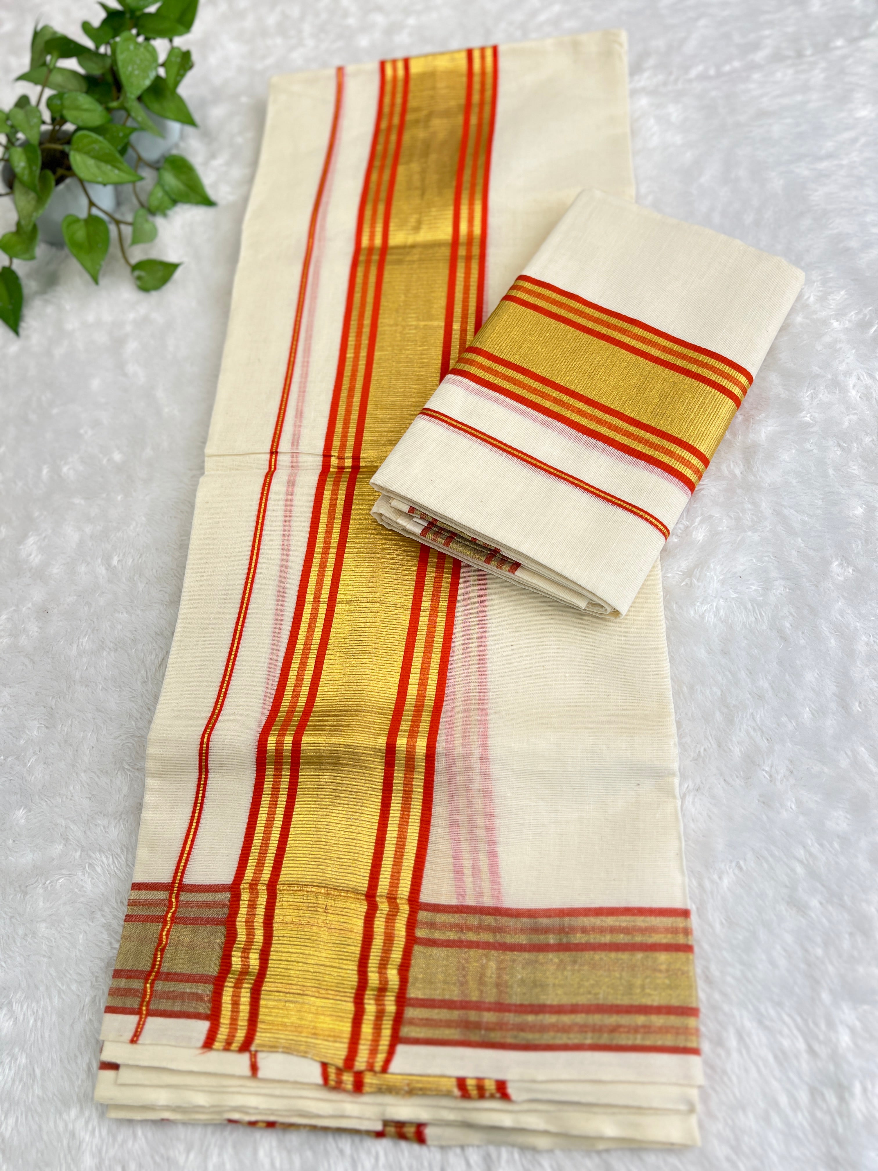 Line Border Pattern Kerala Cotton Set Mundu | GAT581