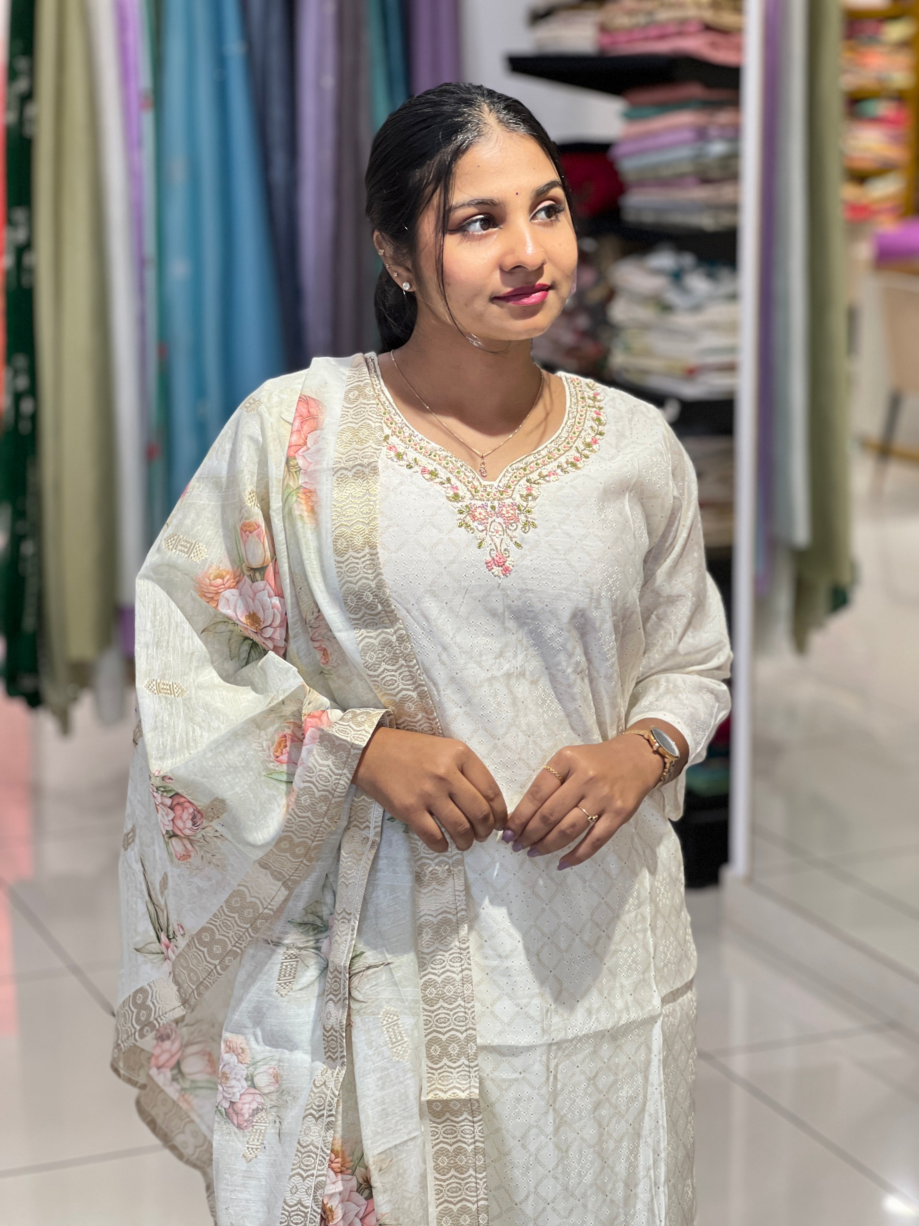 Print With Embroidery Detailed Muslin Silk Kurta Set | FW372