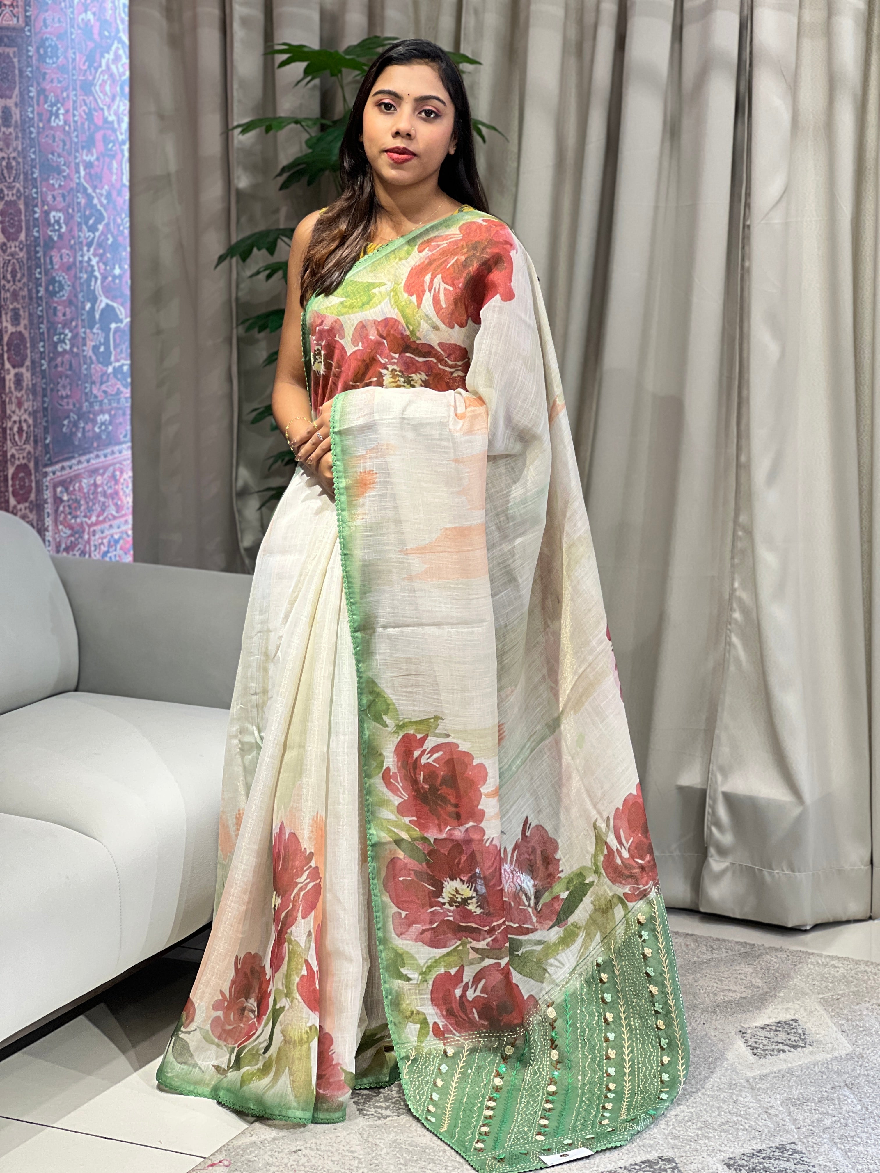 Floral Print With Hand Embroidered Tissue Linen Saree | BLD1920