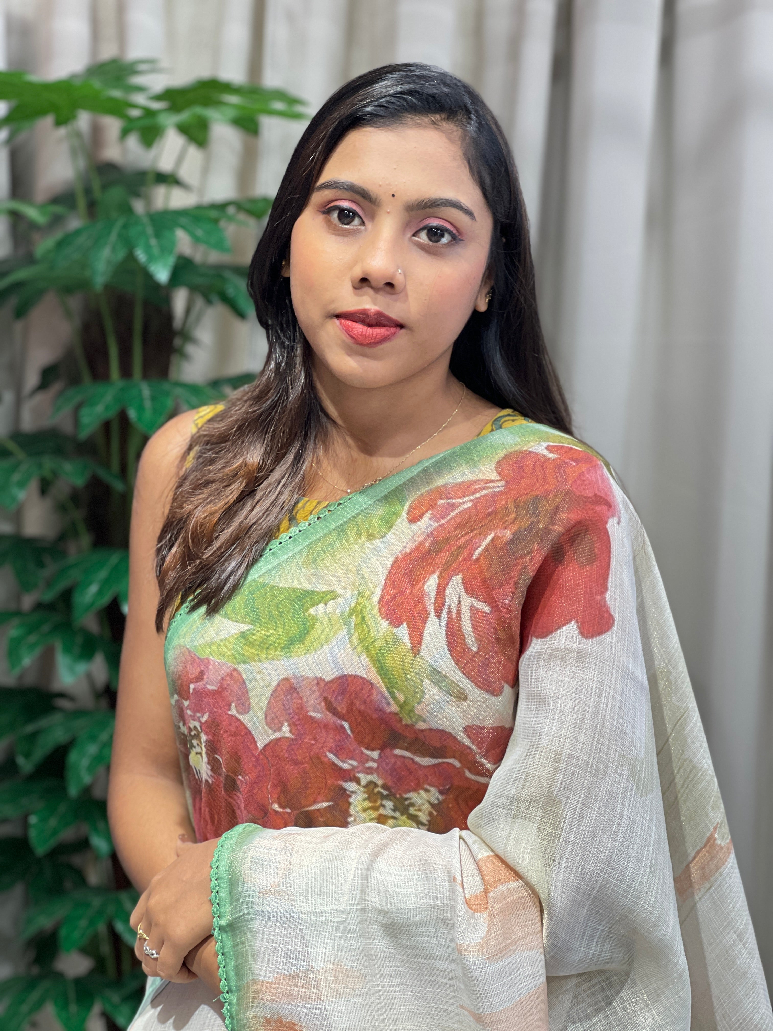 Floral Print With Hand Embroidered Tissue Linen Saree | BLD1920