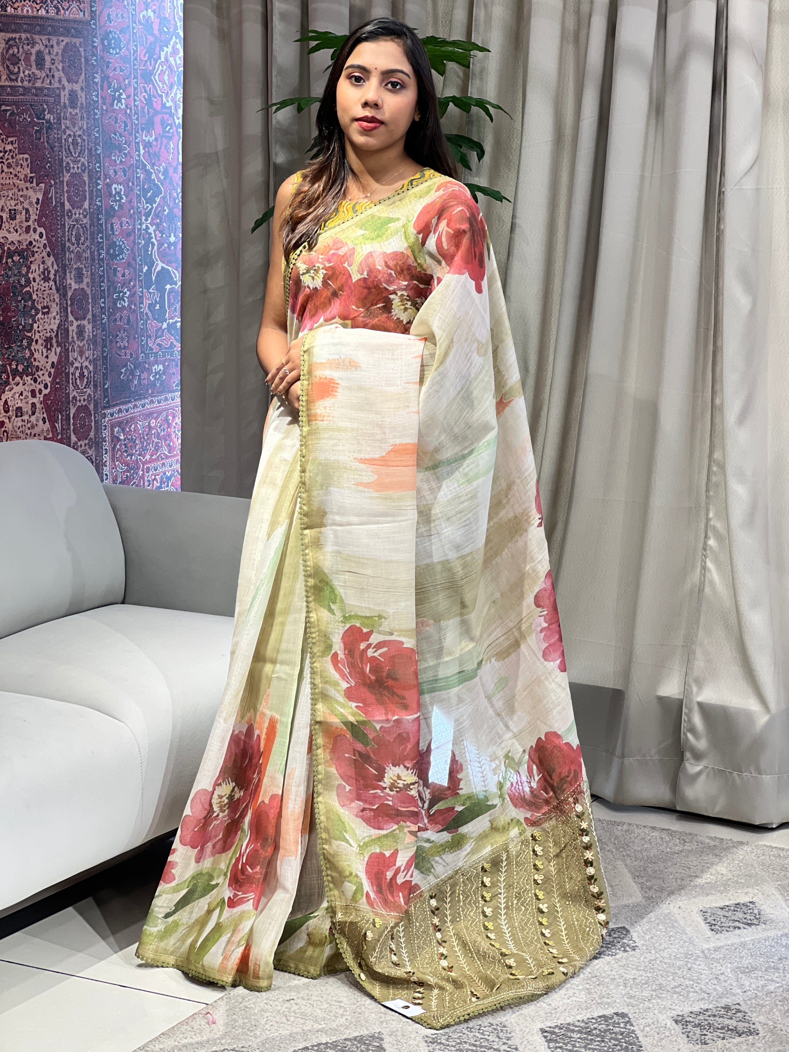 Floral Print With Hand Embroidered Tissue Linen Saree | BLD1922