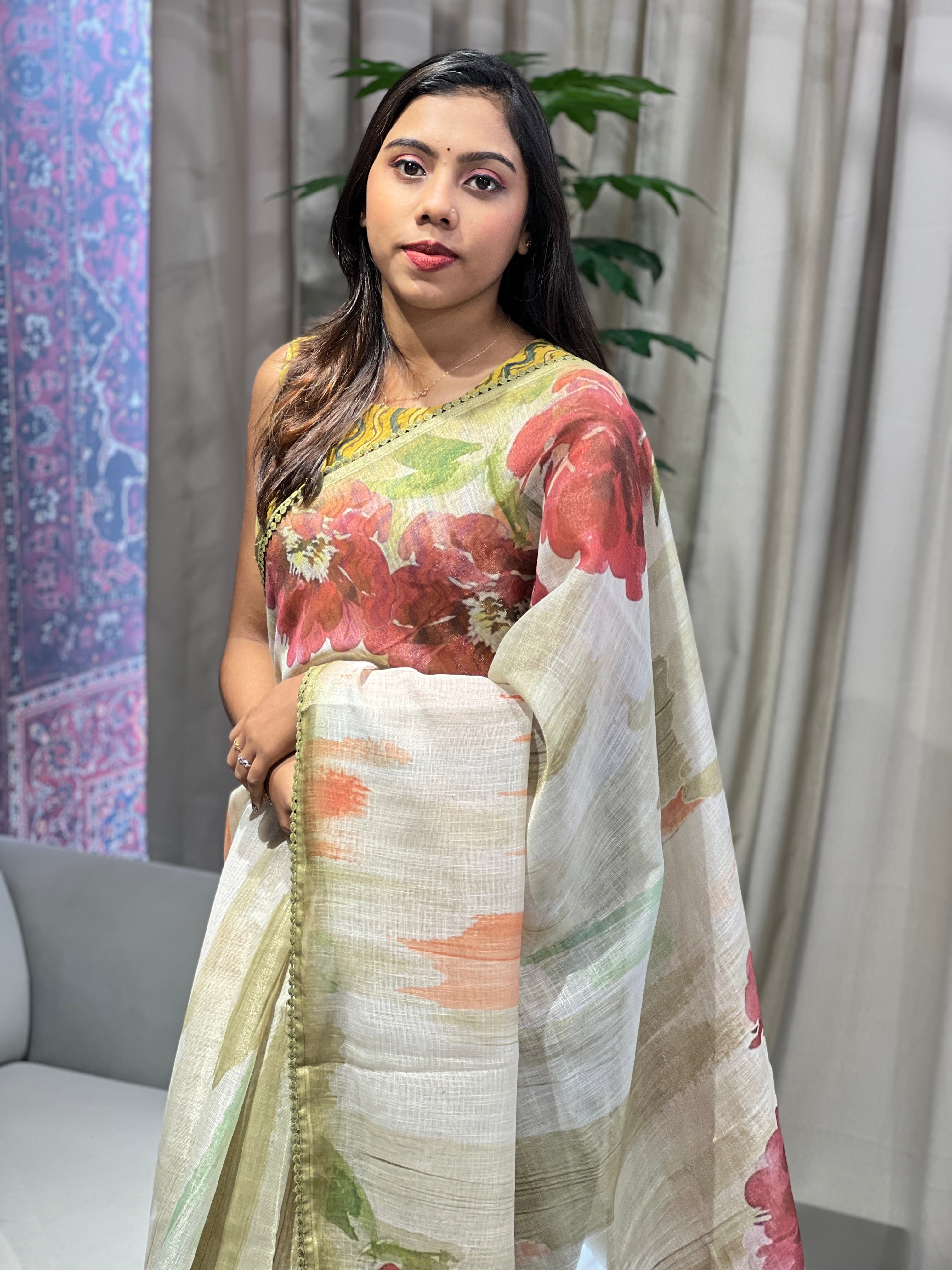 Floral Print With Hand Embroidered Tissue Linen Saree | BLD1922