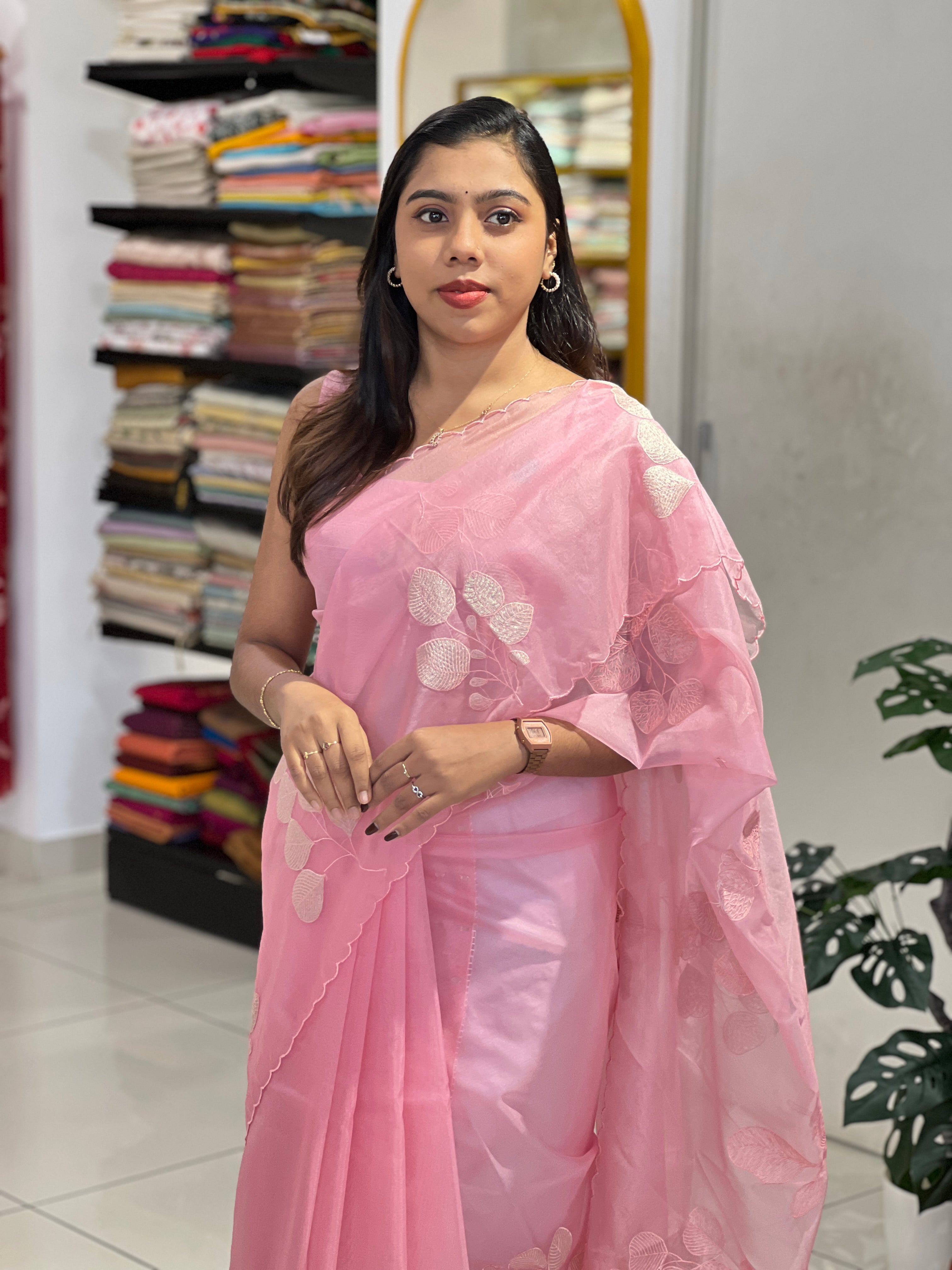 Leaf Applique Work Detailed Organza Saree | MM389