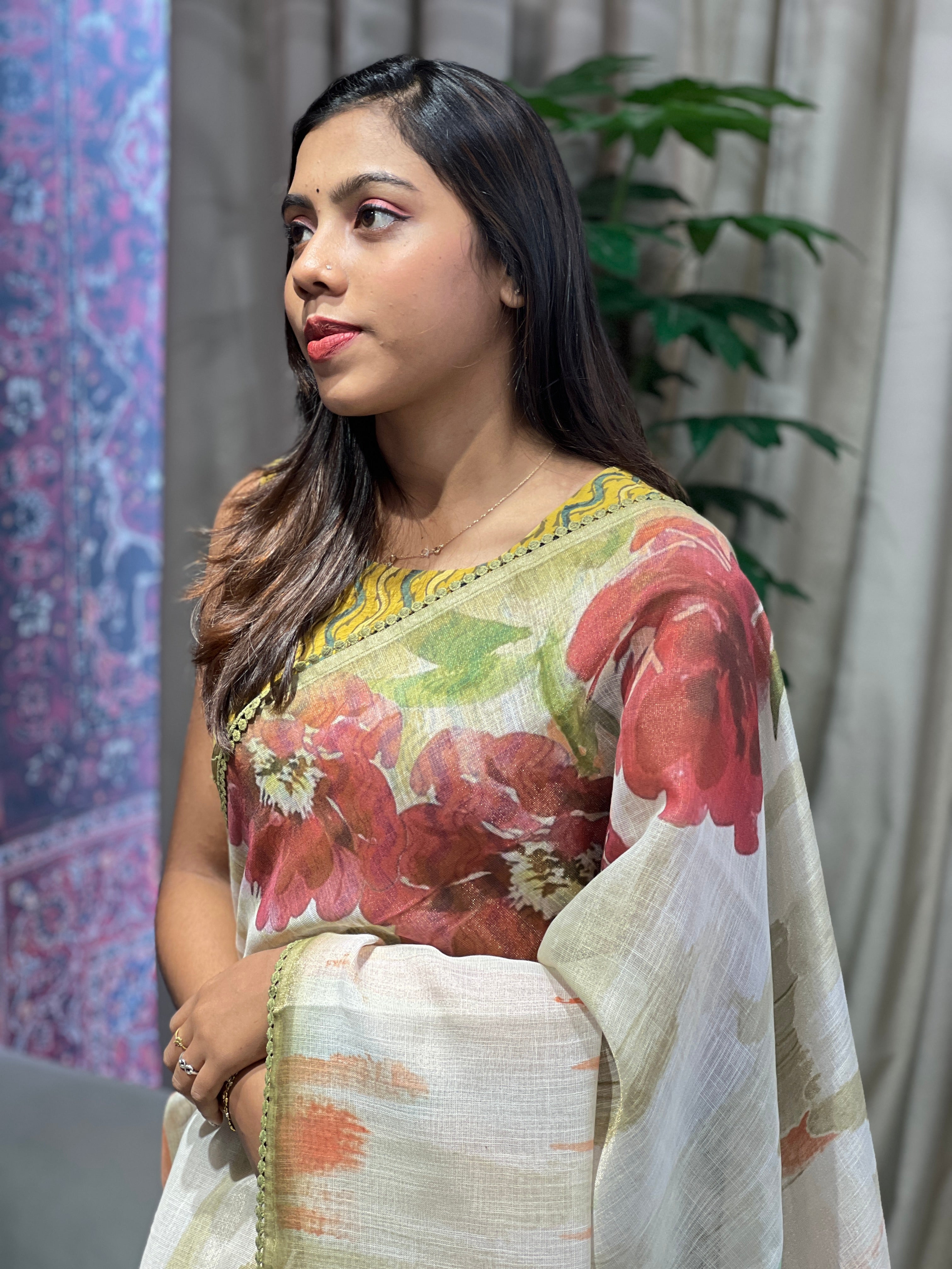 Floral Print With Hand Embroidered Tissue Linen Saree | BLD1922