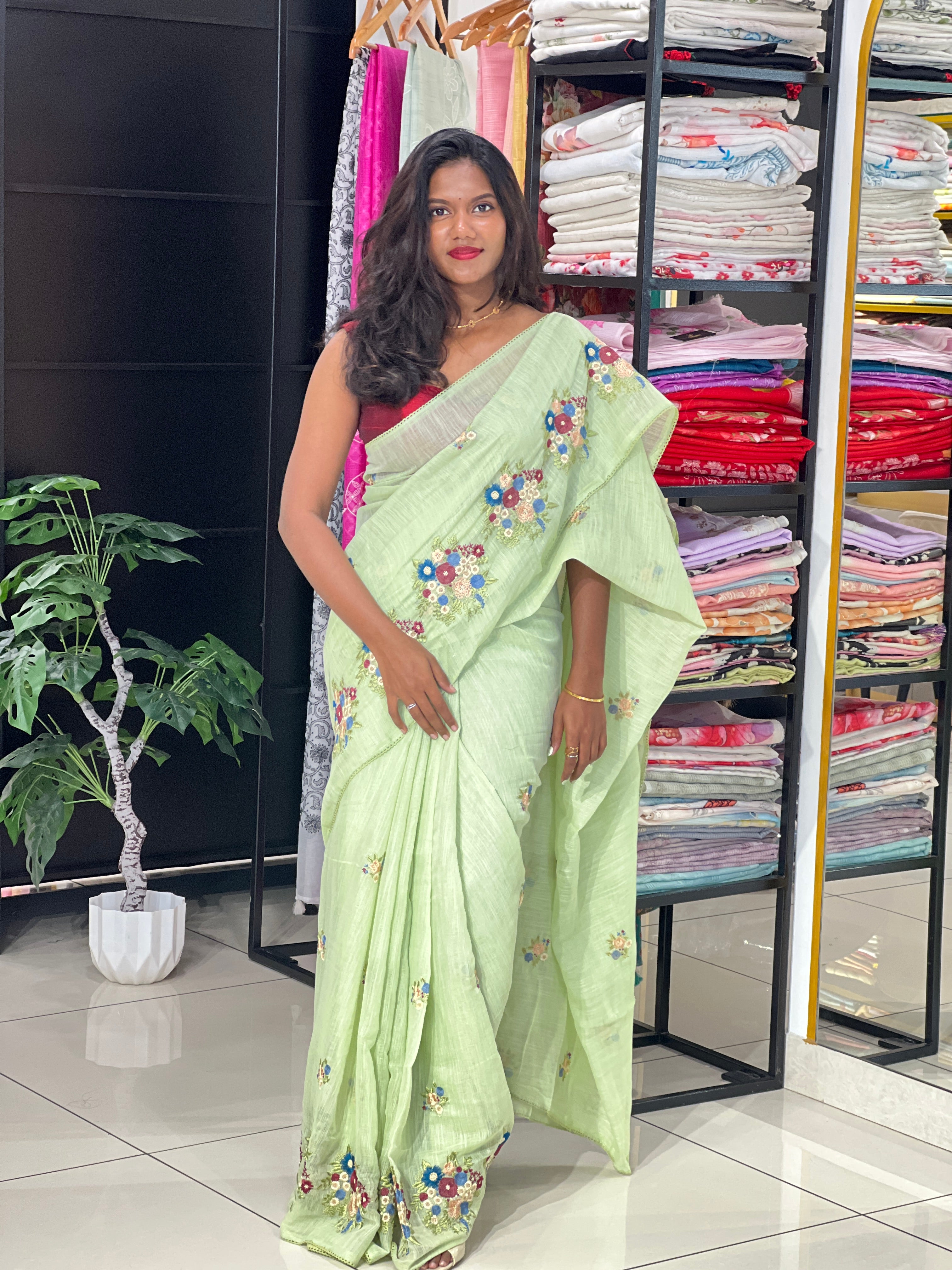 Machine Embroidered Semi Linen Saree | RP829