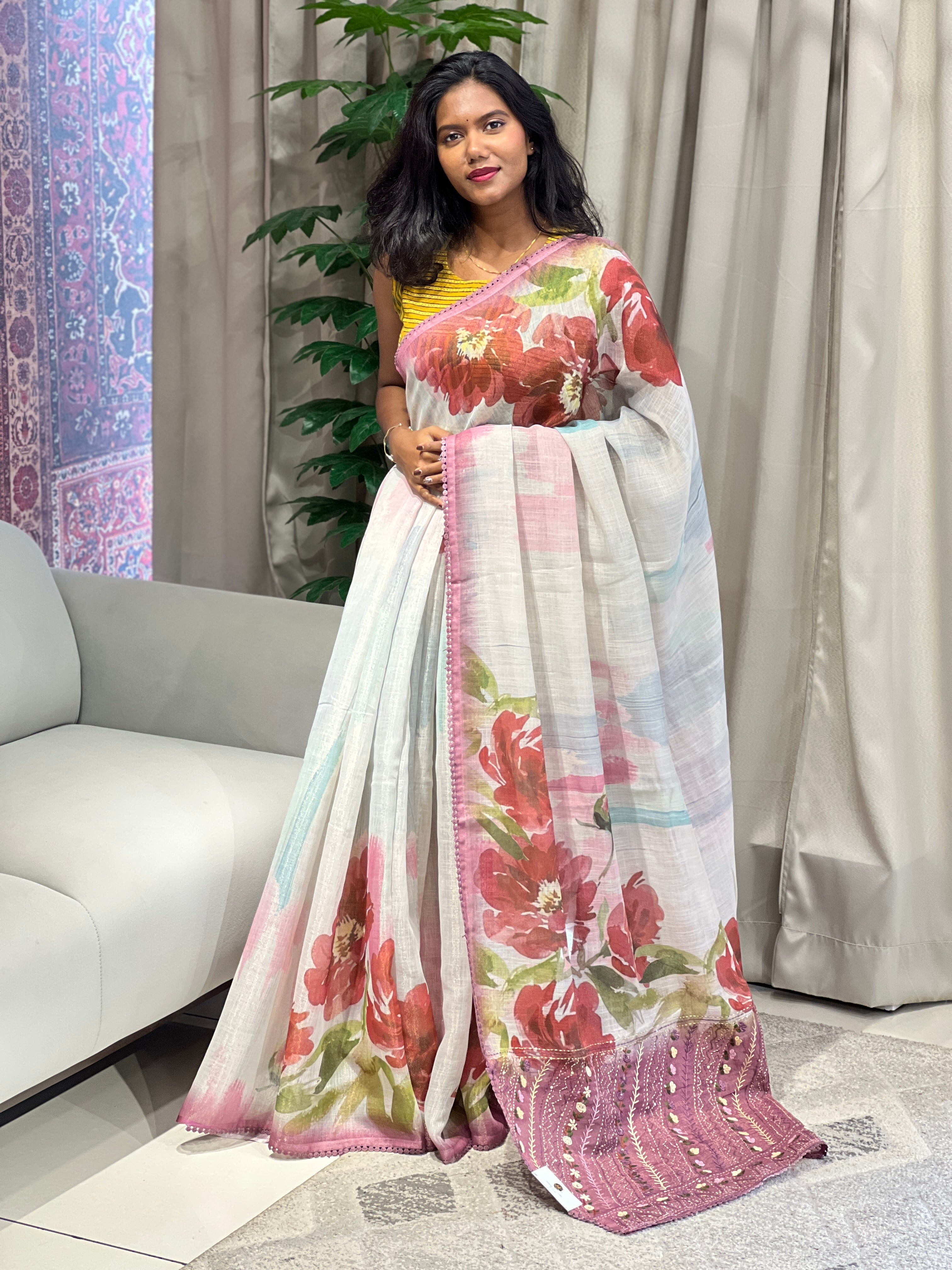 Floral Print With Hand Embroidered Tissue Linen Saree | BLD1923