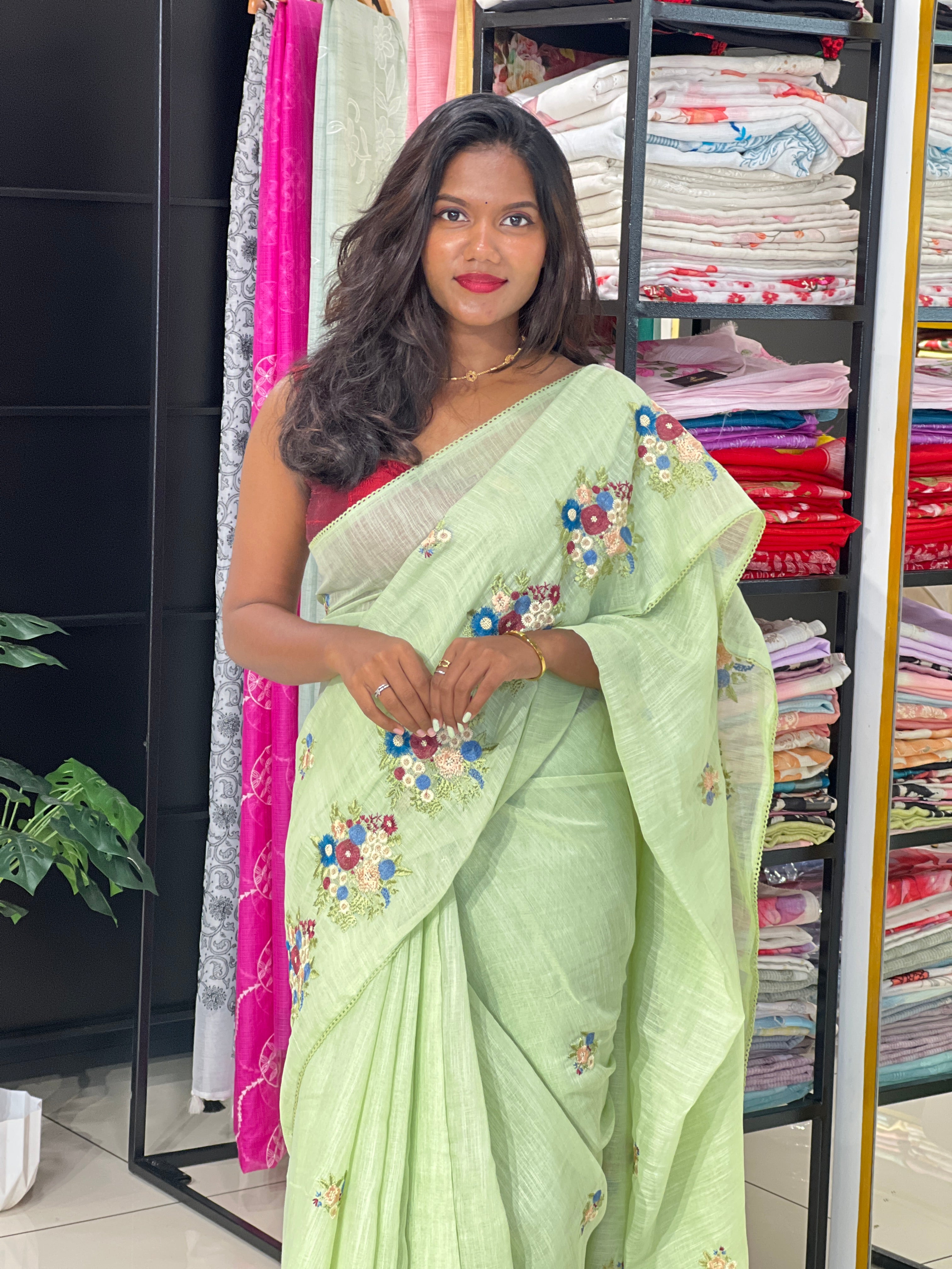 Machine Embroidered Semi Linen Saree | RP829
