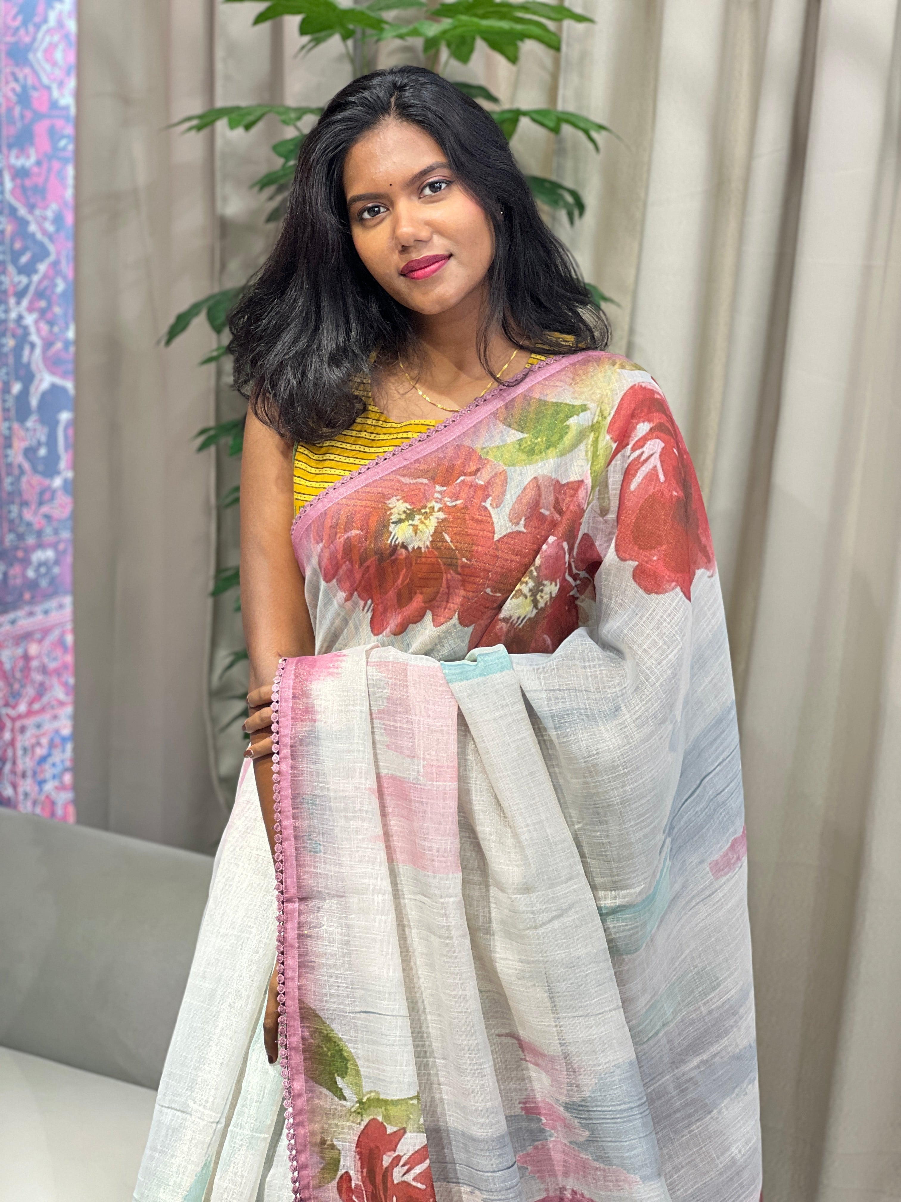 Floral Print With Hand Embroidered Tissue Linen Saree | BLD1923