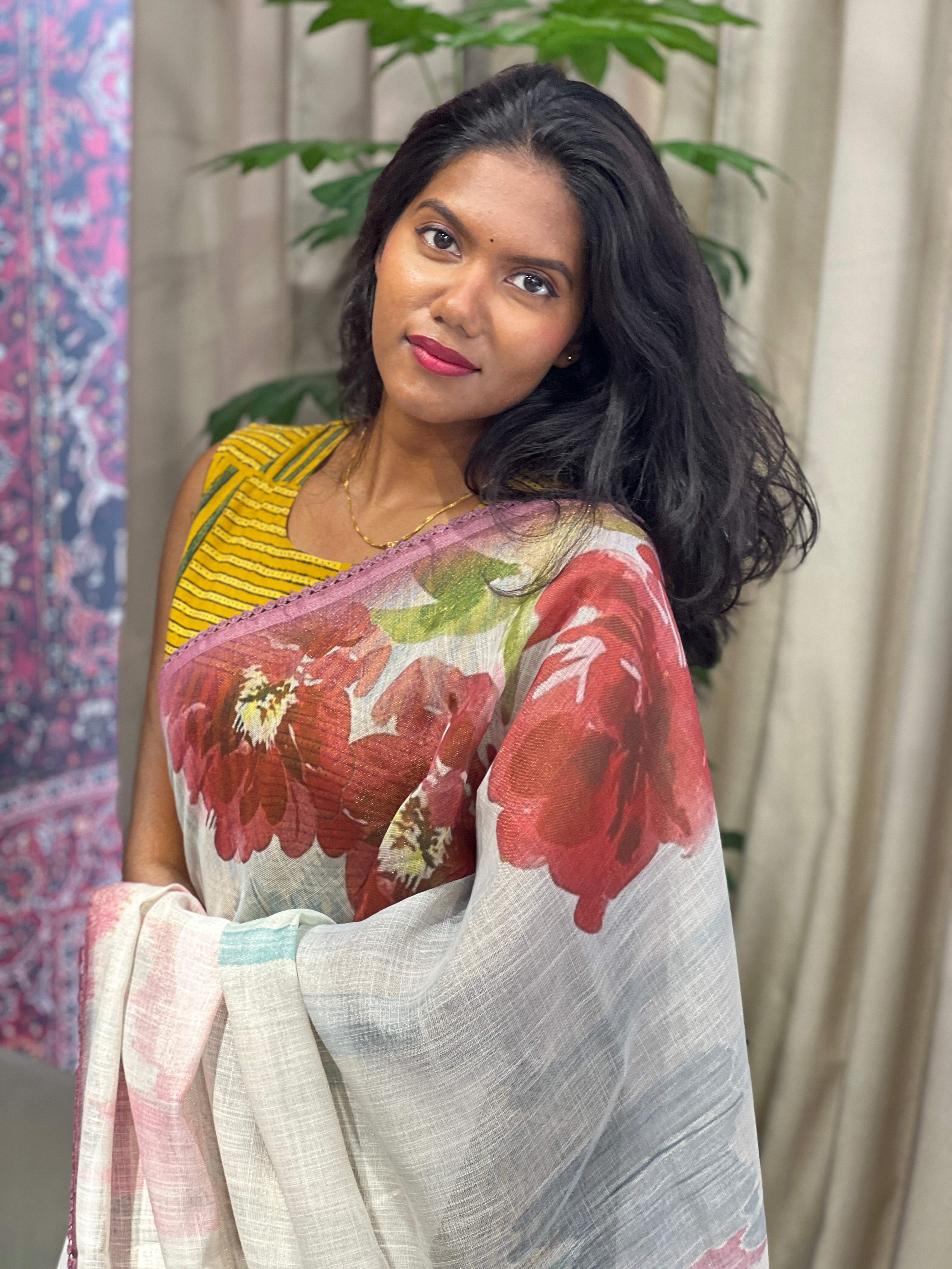 Floral Print With Hand Embroidered Tissue Linen Saree | BLD1923