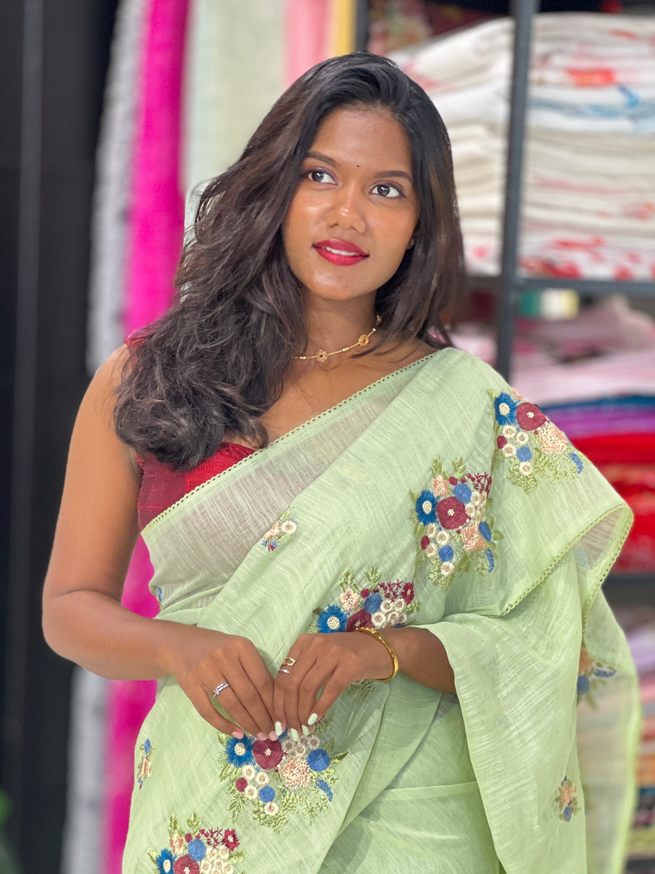 Machine Embroidered Semi Linen Saree | RP829