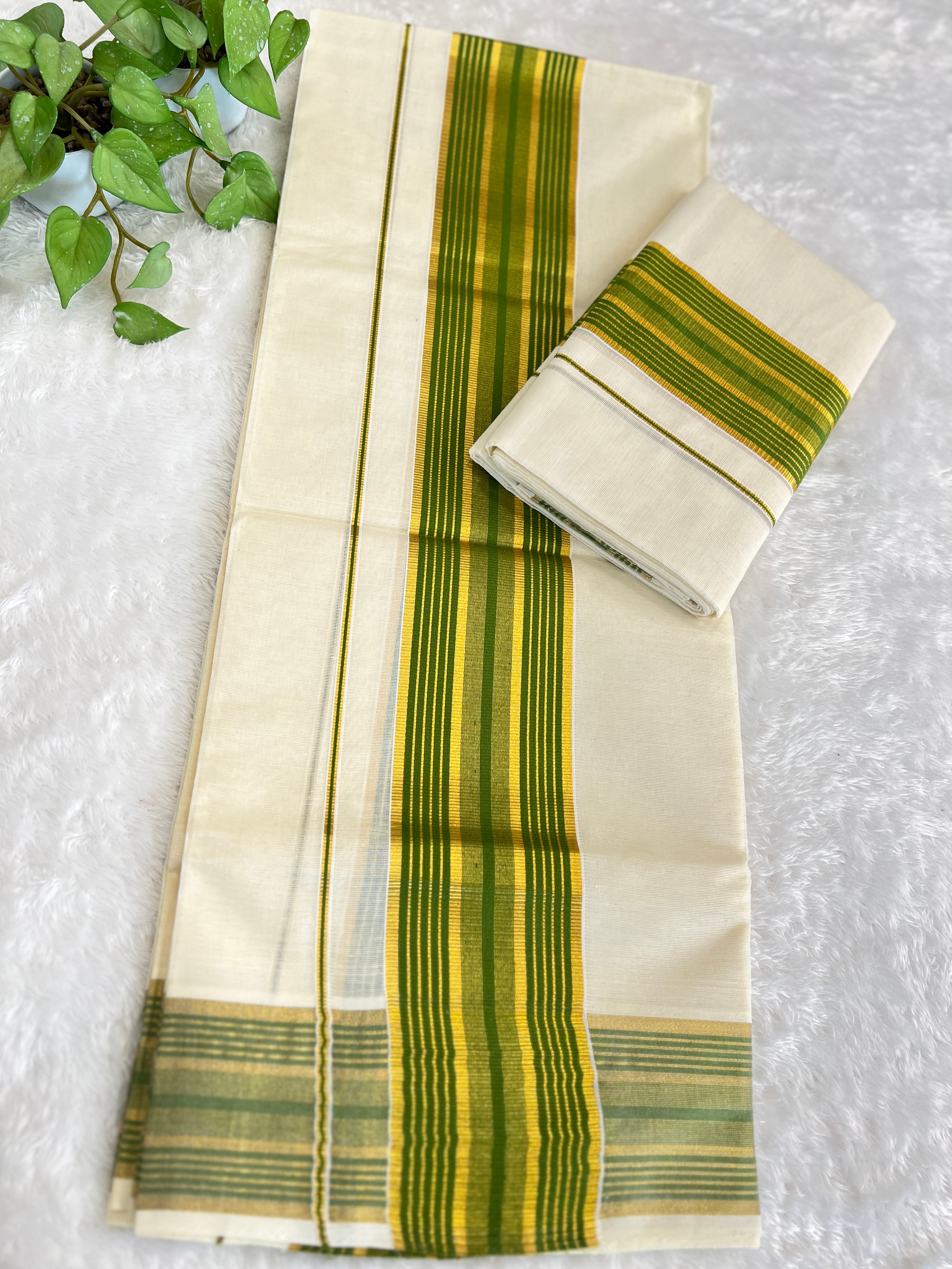 Stripe Border Pattern Kerala Cotton Set Mundu | GAT548
