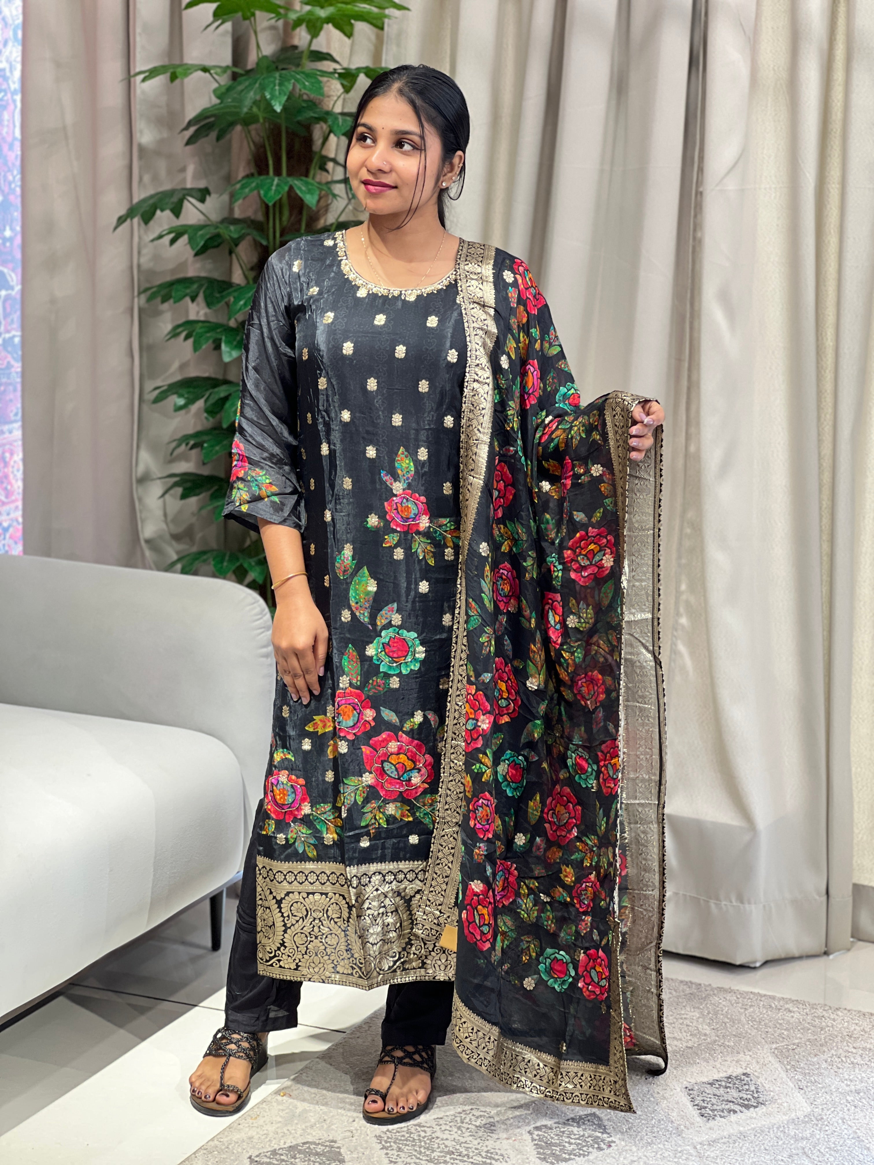 Digital Print Detailed Muslin Silk Kurta Set | FW380