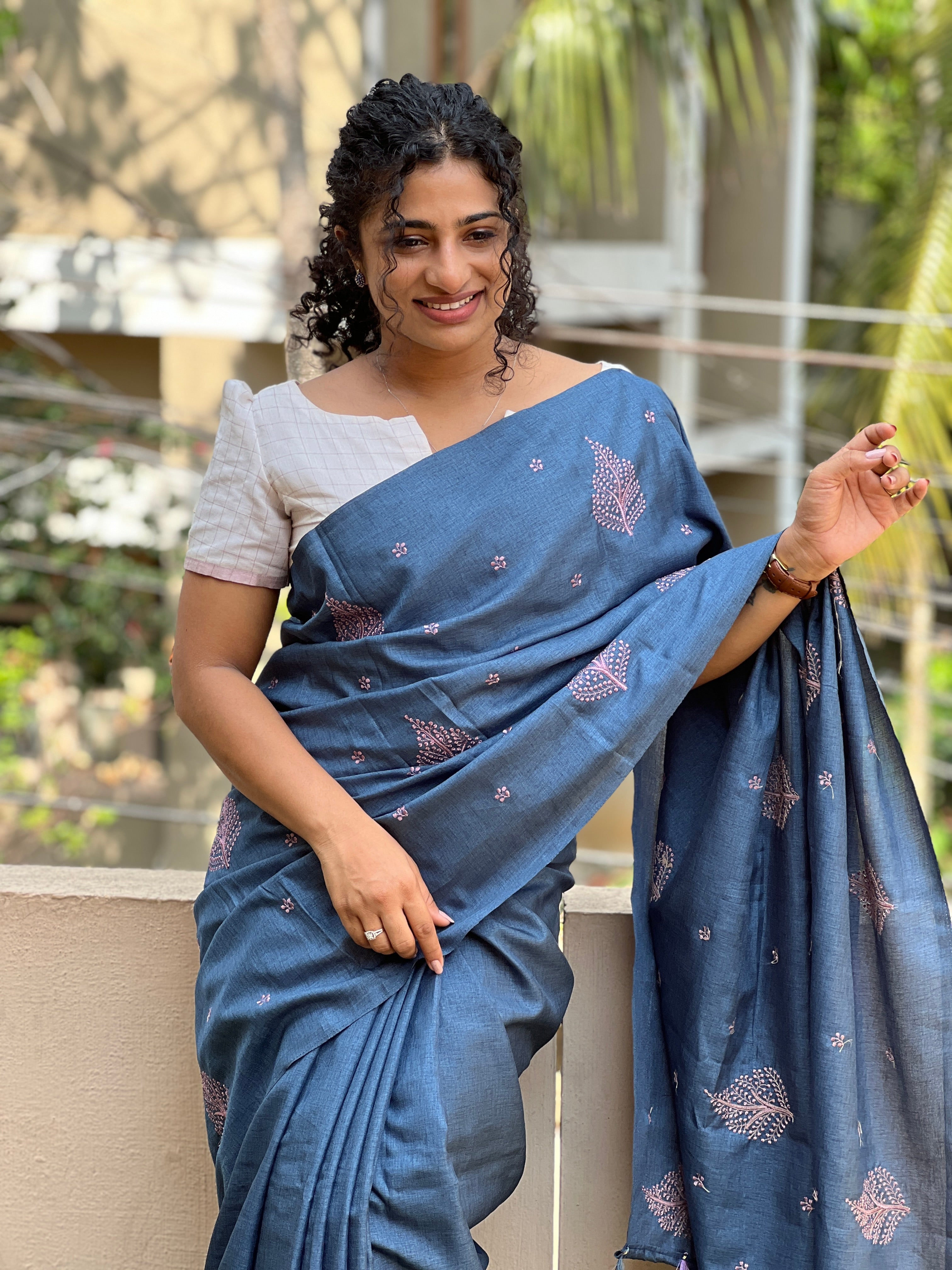 Computerized Machine Embroidery Tussar Finish Saree | SBP156