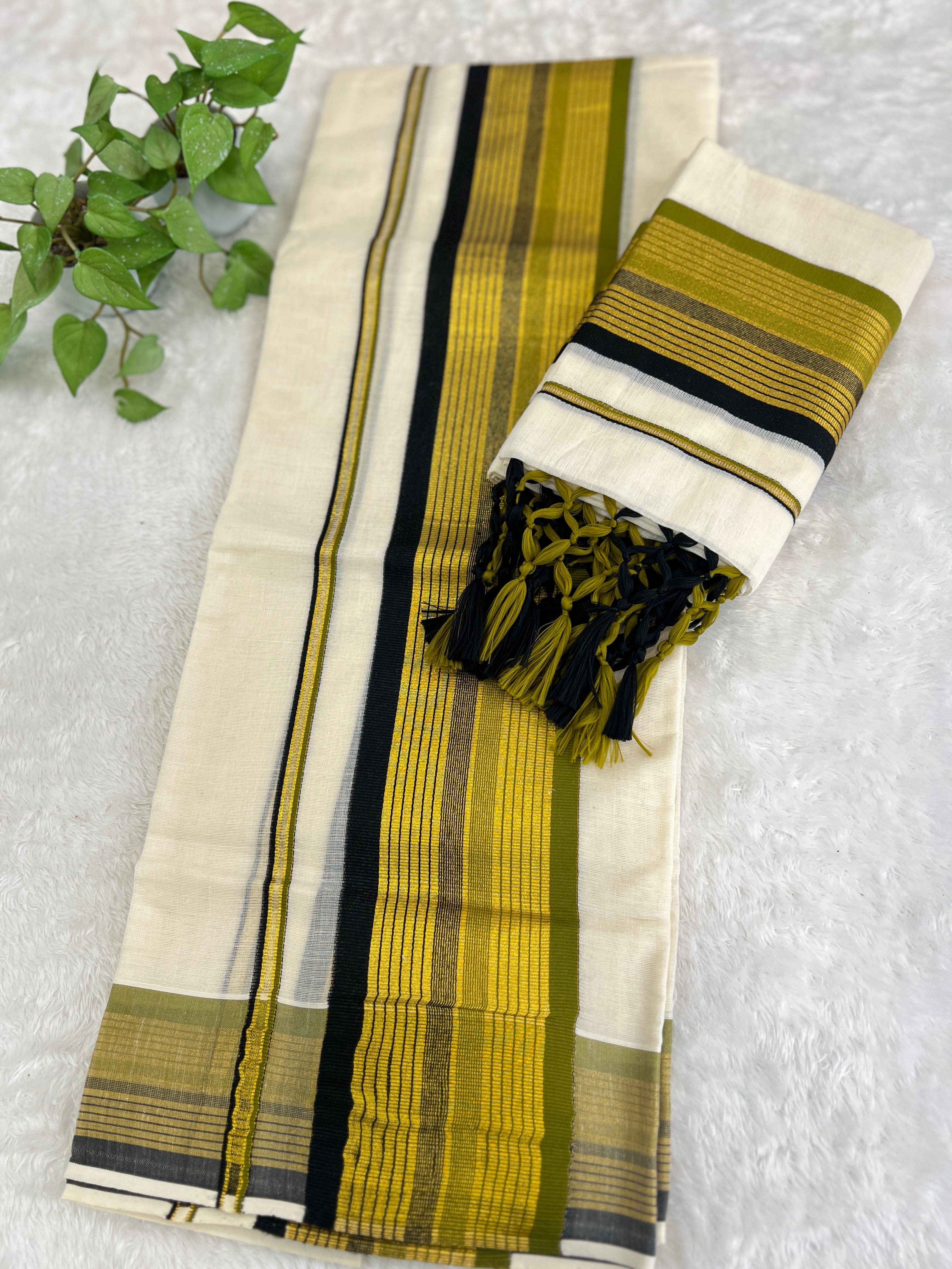 Stripe Border Pattern Kerala Cotton Set Mundu | GAT563