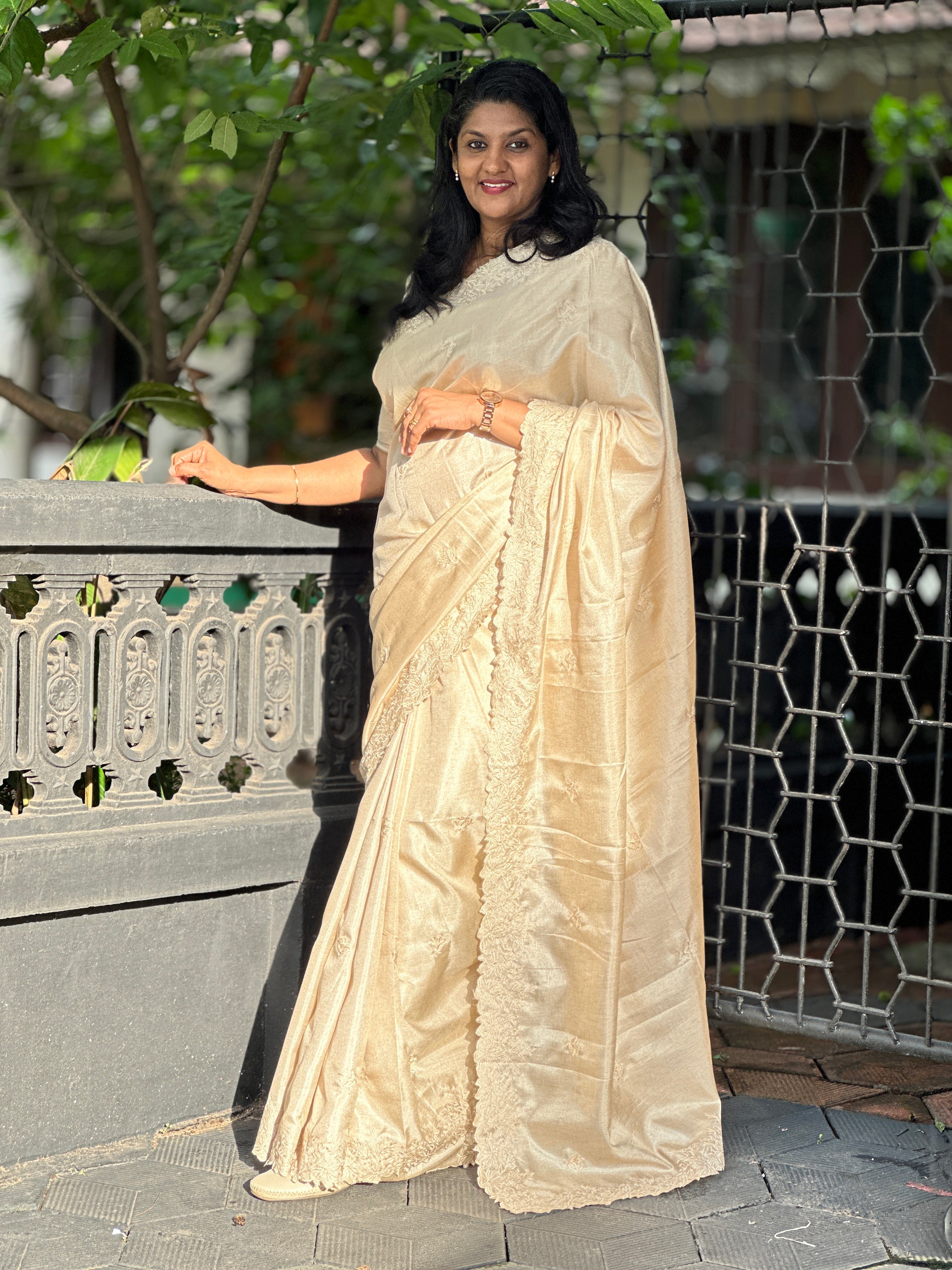 Machine Embroidered Semi Tussar Saree | VDA299