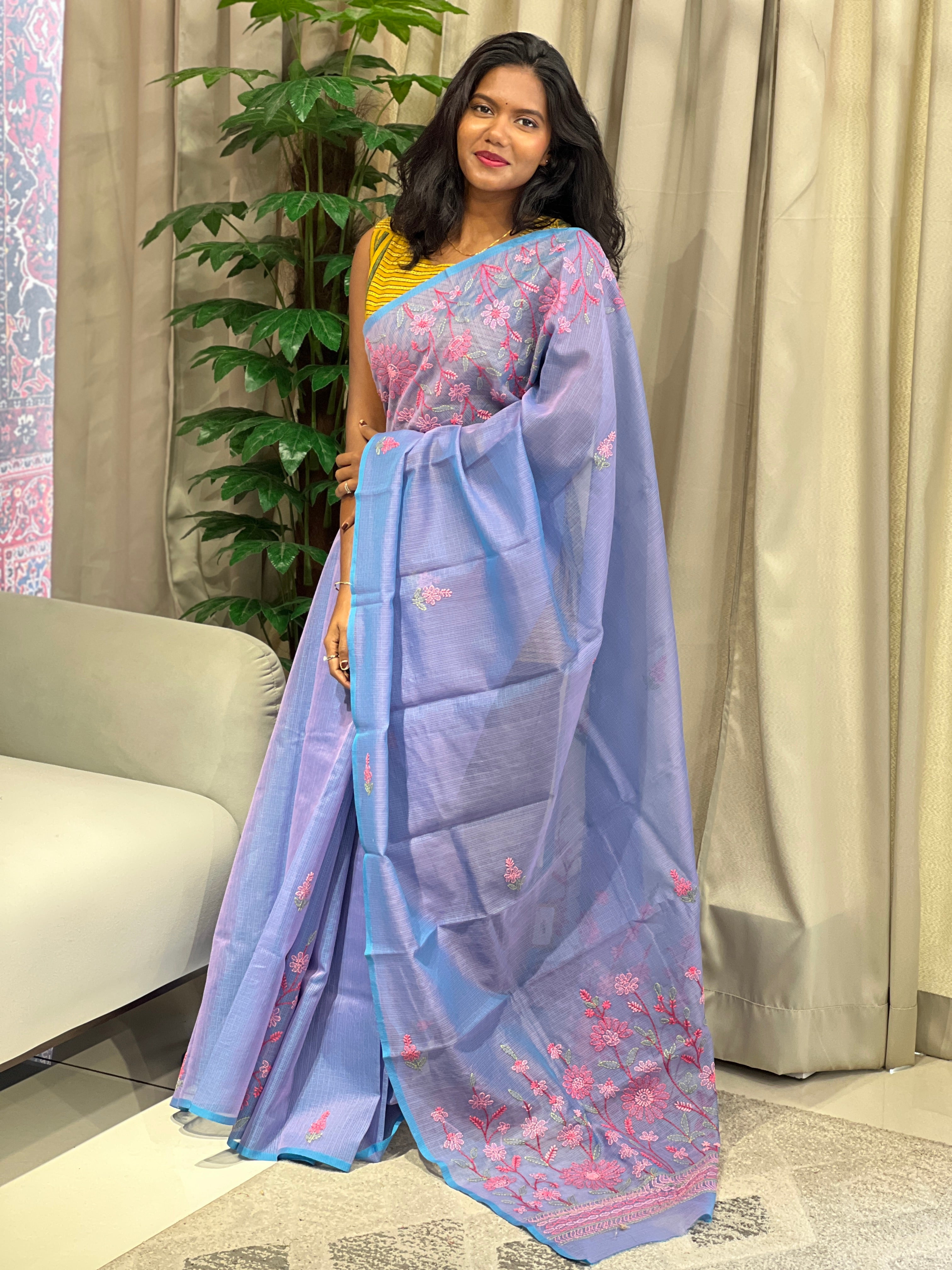 Chikankari Embroidery Detailed Muga Check Organza Saree | JSC500